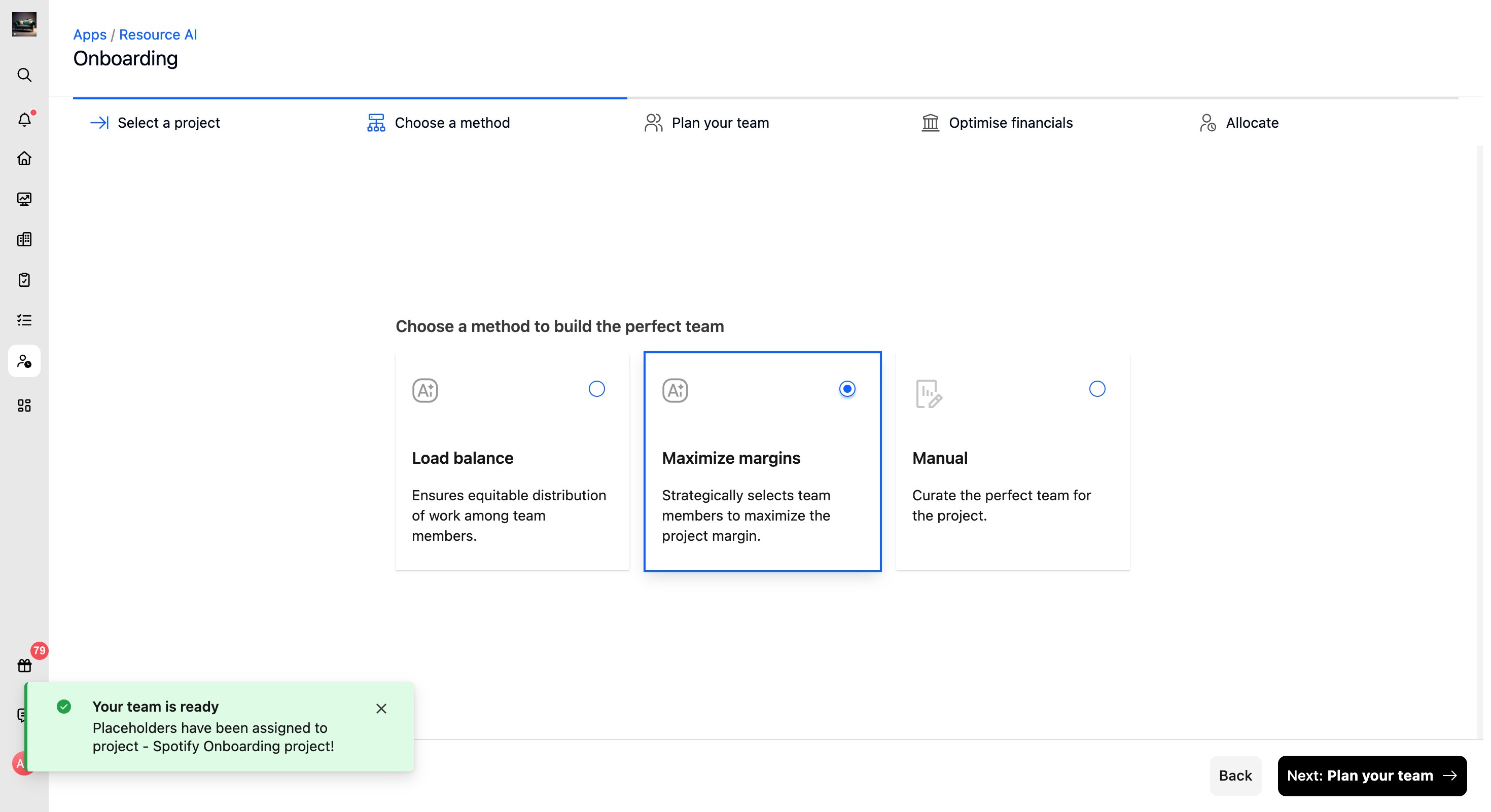 Maximize margins method selected in Resource AI