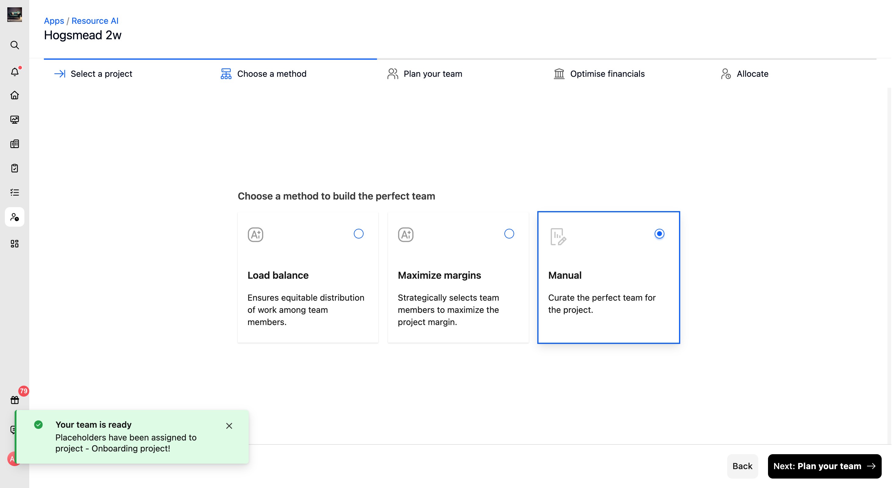 Manual method selected in Resource AI