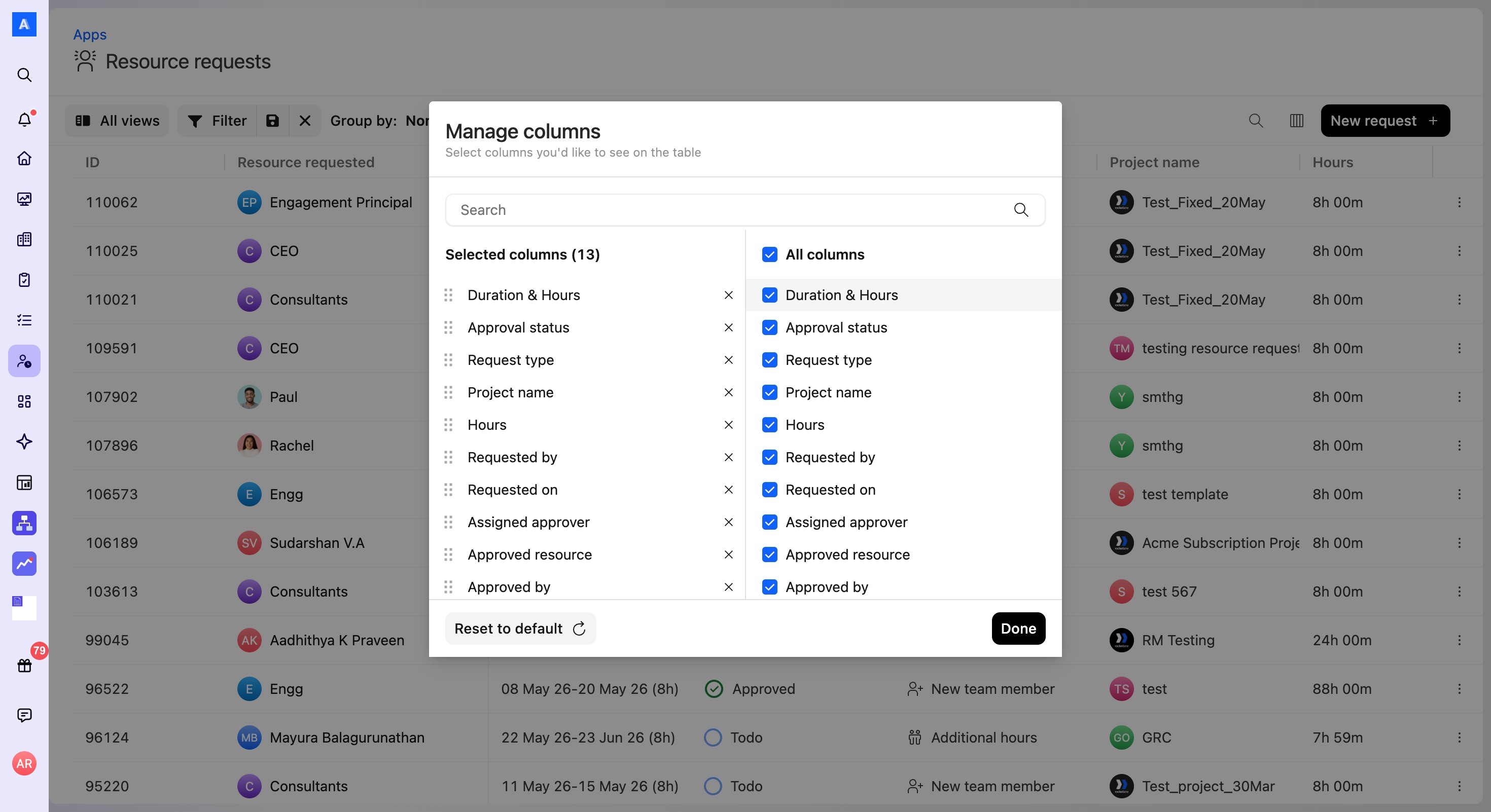 Manage columns modal in the Resource requests table