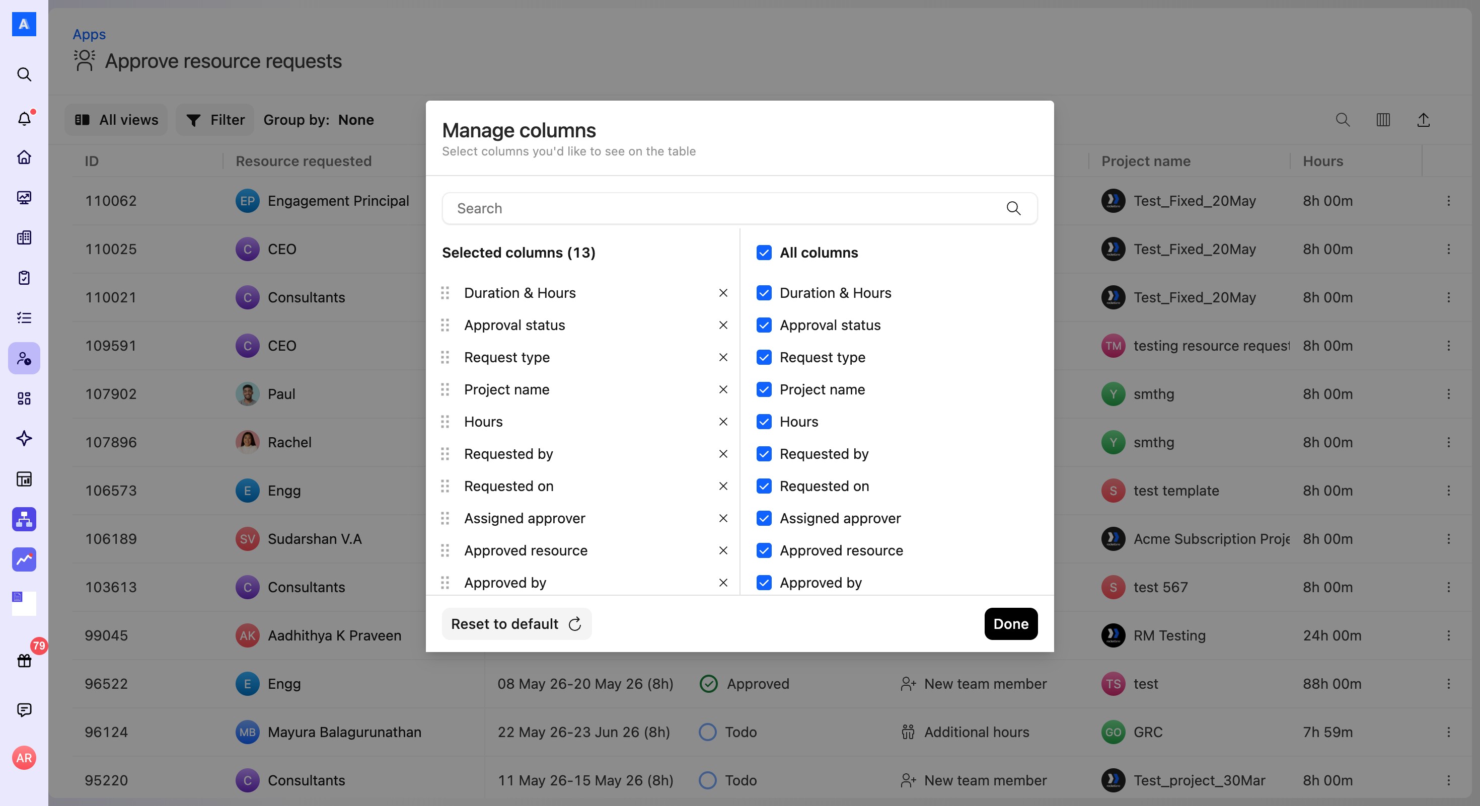 Manage columns modal in the Approve resource requests table