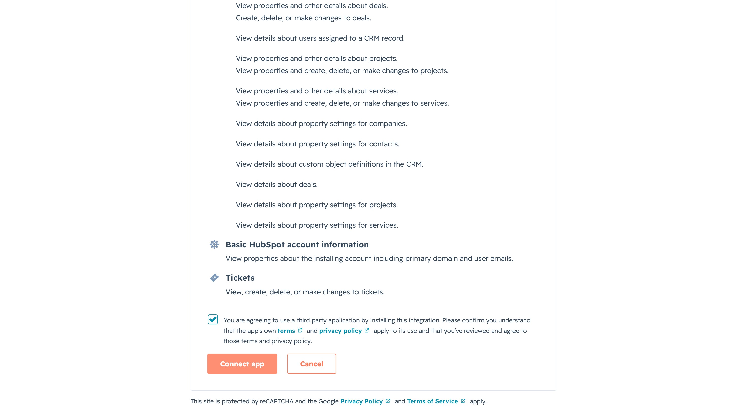 HubSpot authorization agreement checkbox and Connect app button