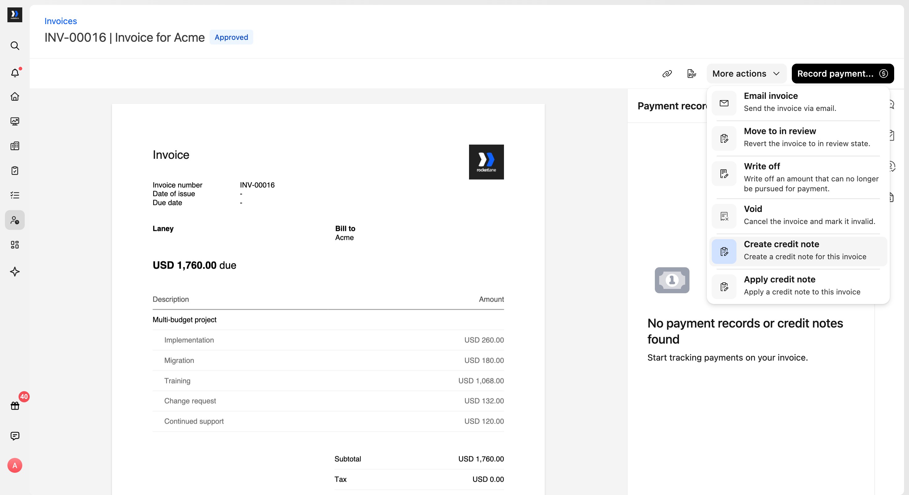 Create credit note option in the More actions menu of an approved invoice