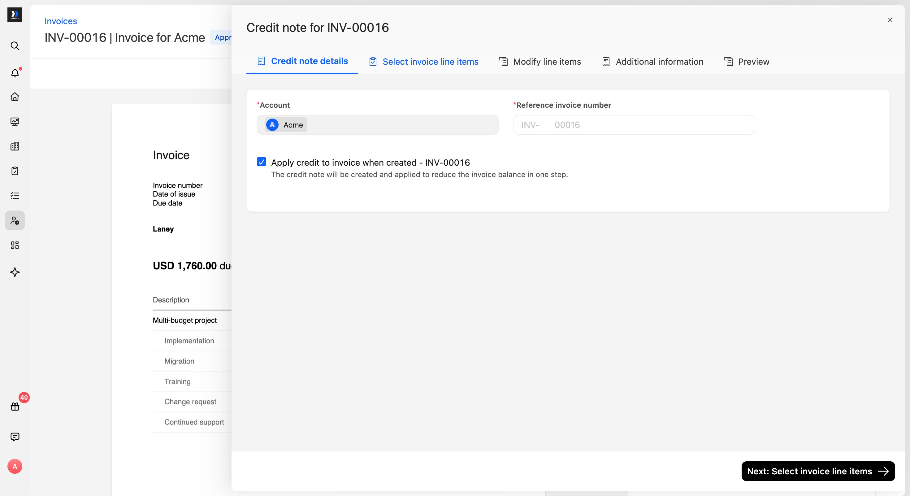 Apply credit to invoice when created selected in Credit note details