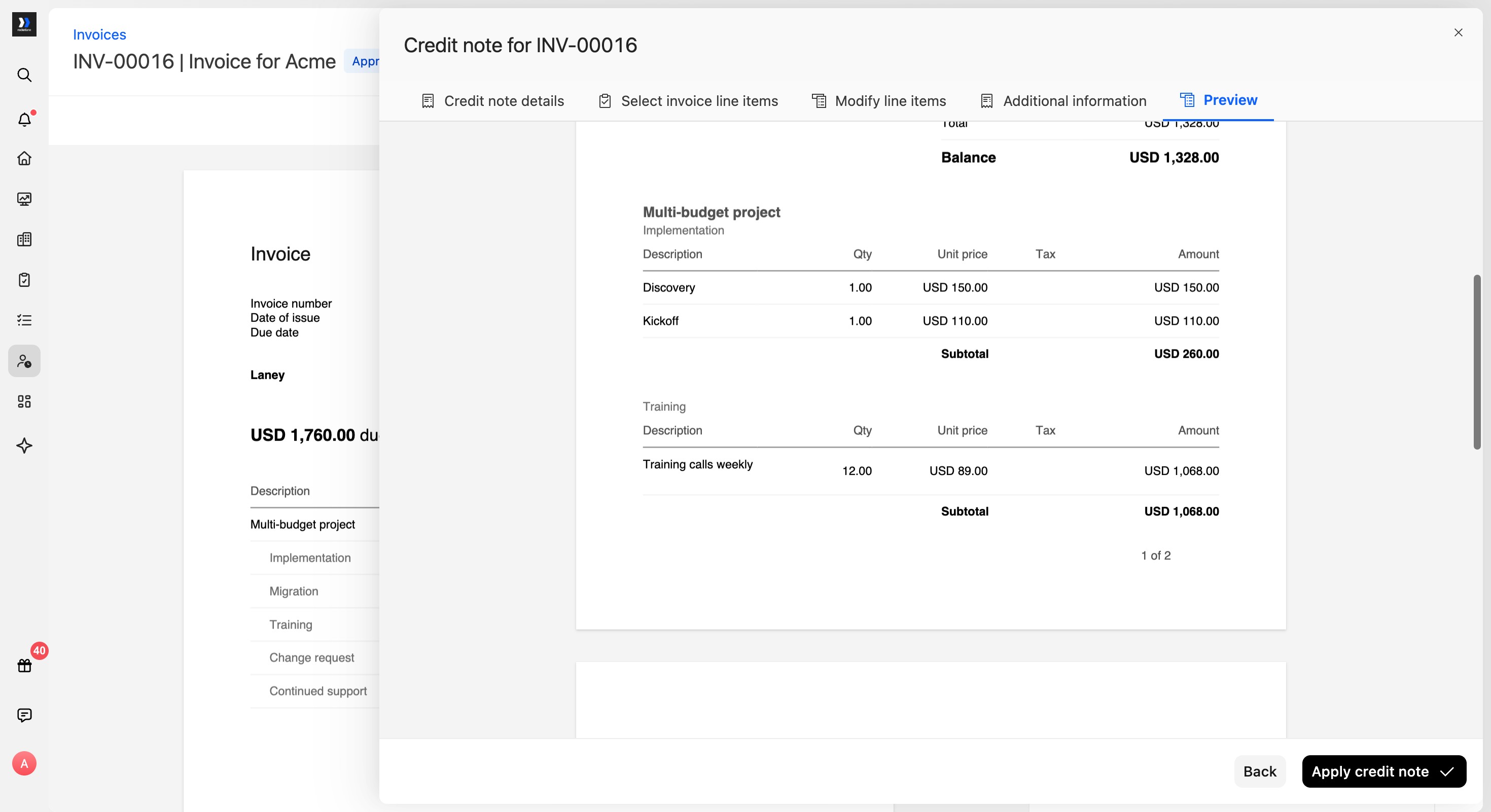 Itemized continuation of the multi-budget credit note preview