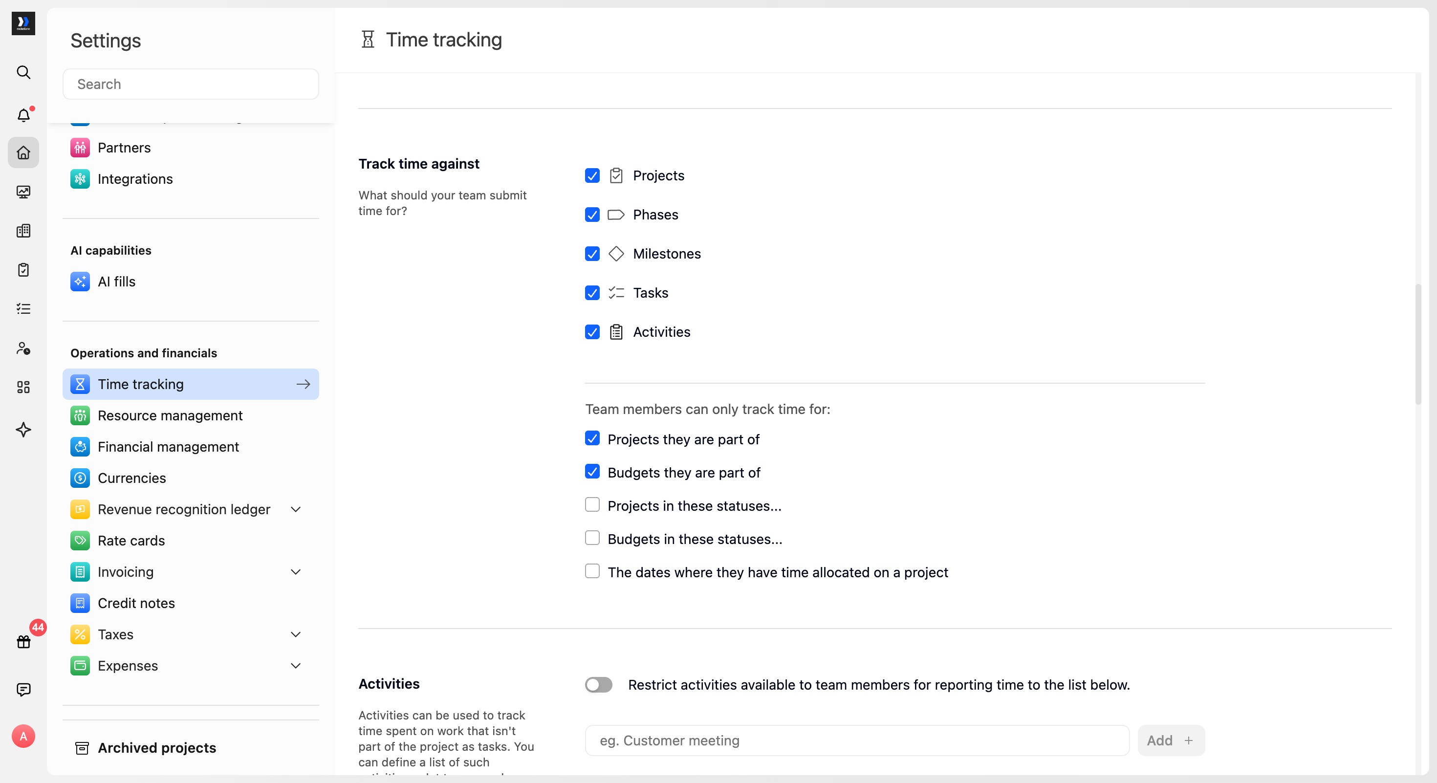 Time tracking settings with project and budget membership restrictions selected