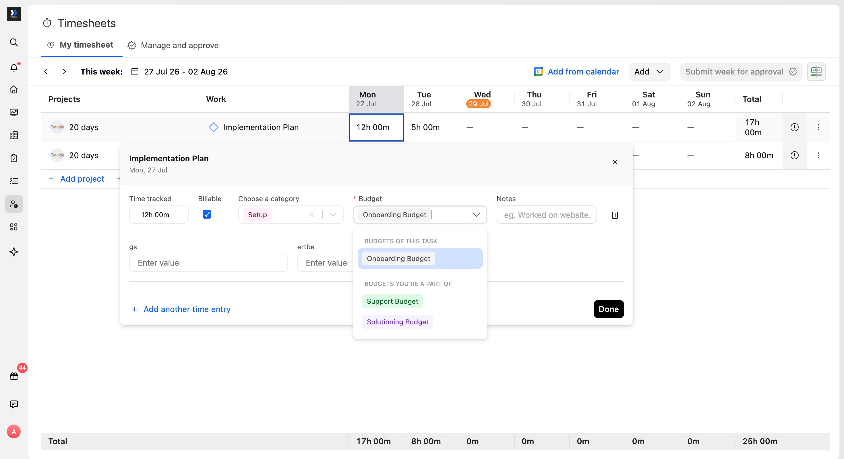 Time-entry modal with budgets grouped by task and team member membership