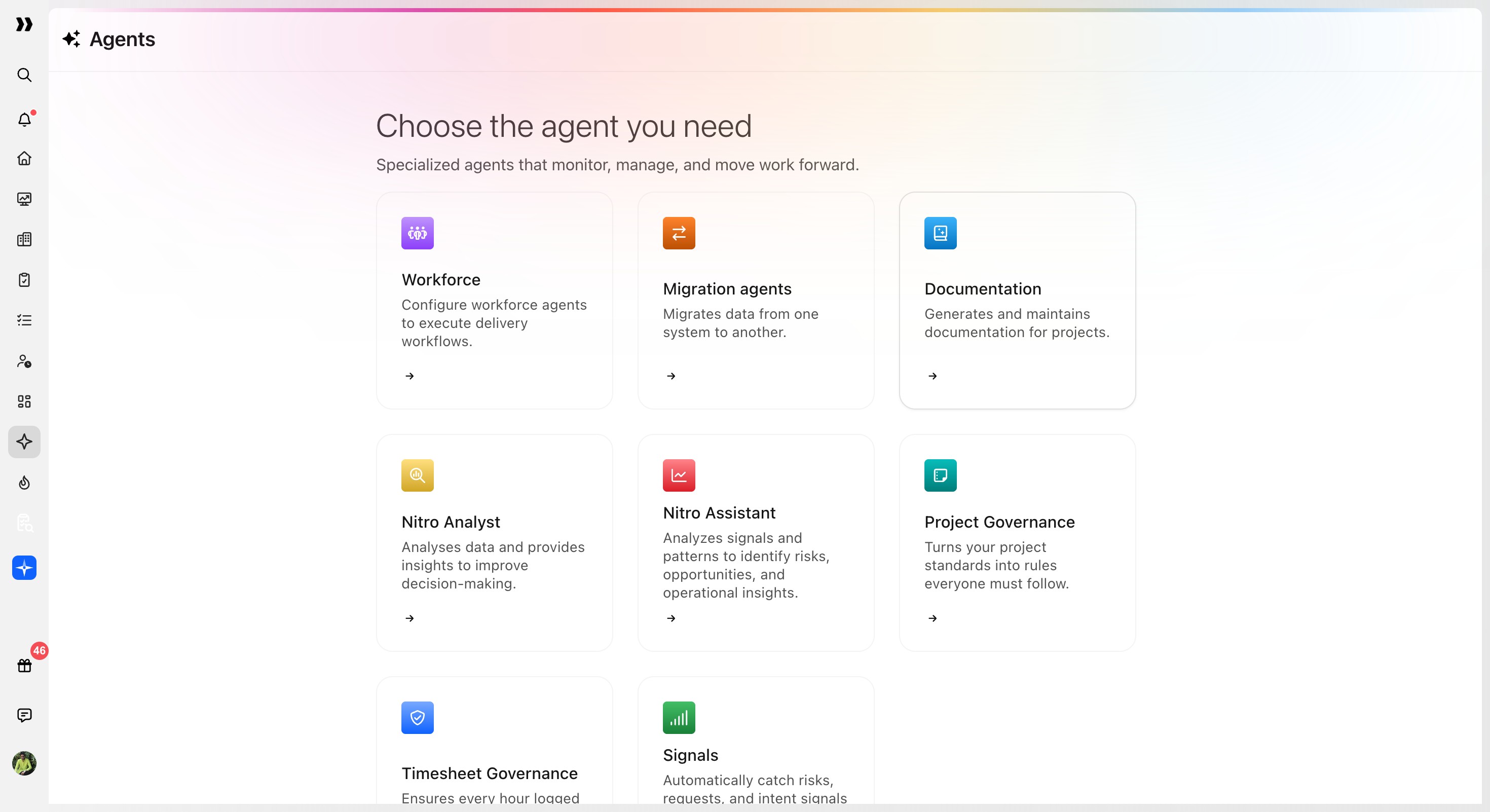 Agents page with the Documentation agent card