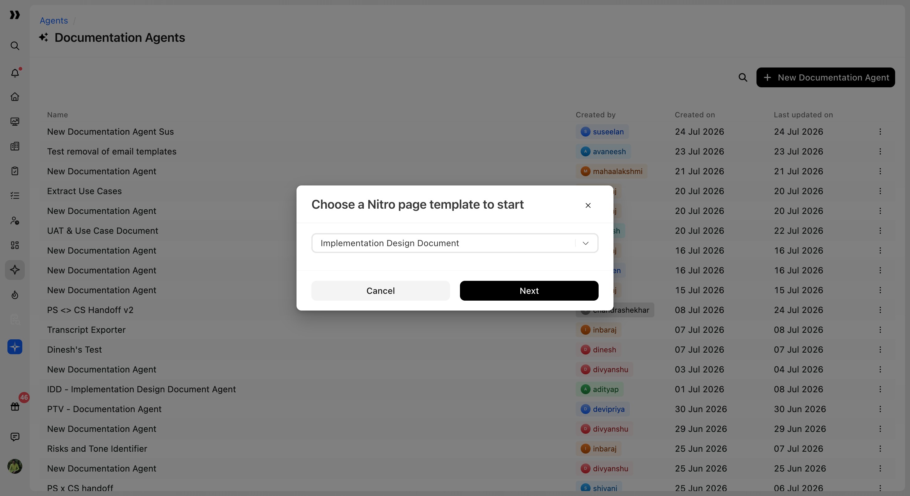 Nitro page template modal with the Next button