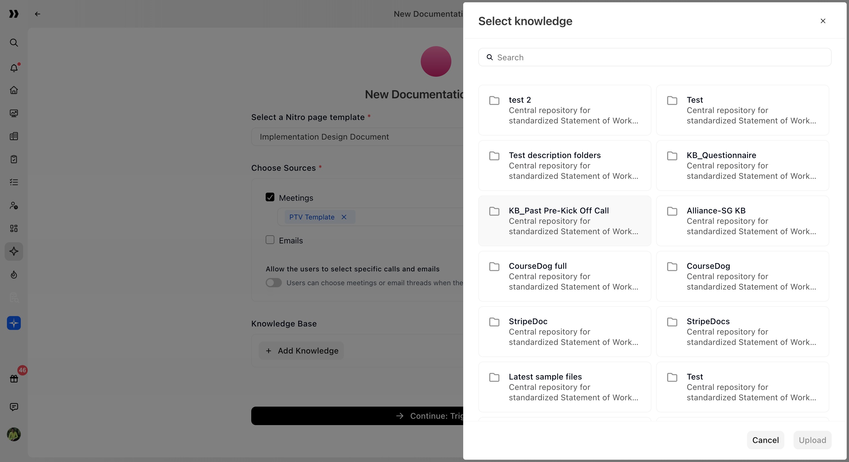 Select knowledge panel with folders and files