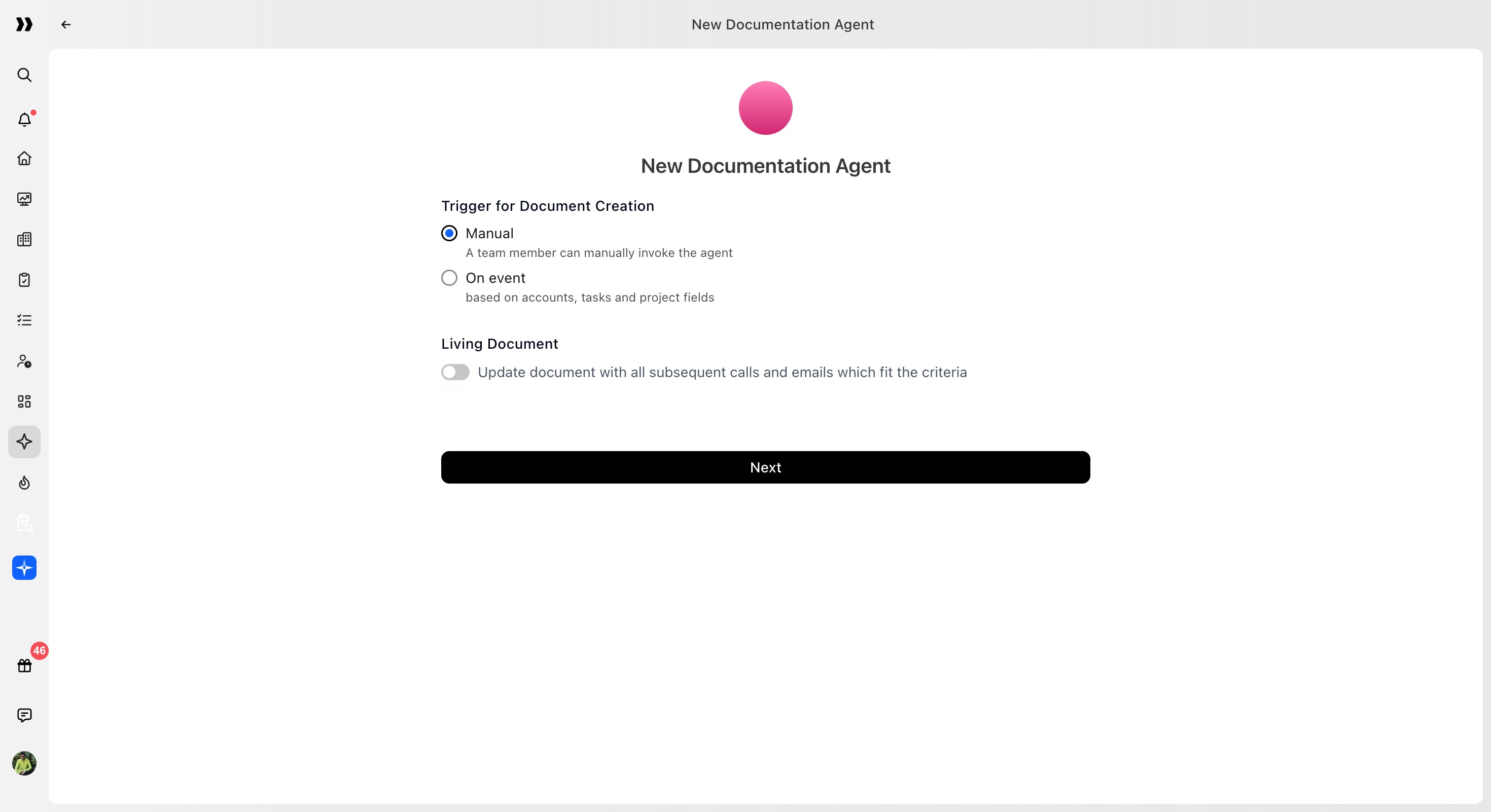 Manual and On event trigger options with Living Document setting