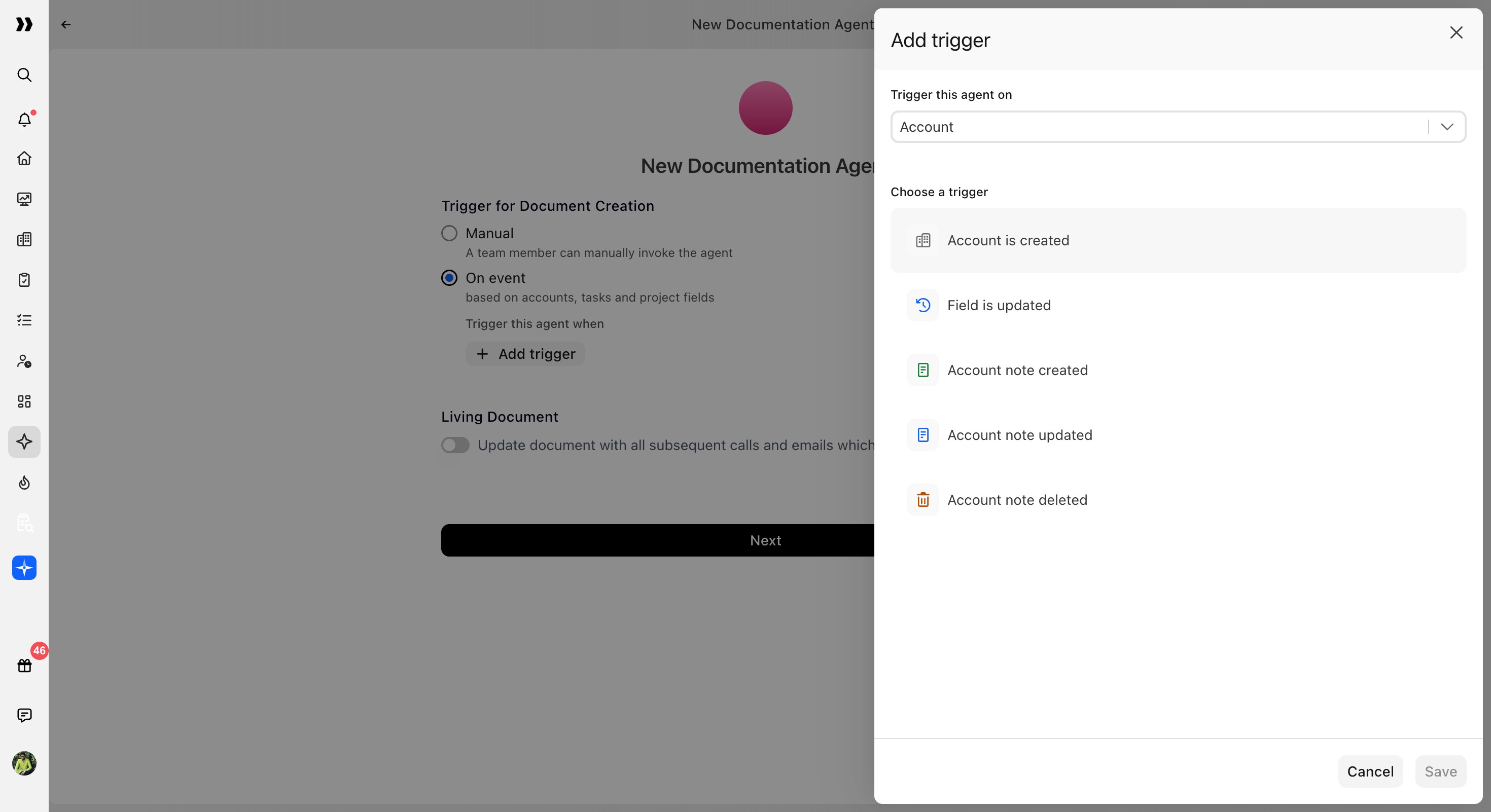 Add trigger panel with Account event rules
