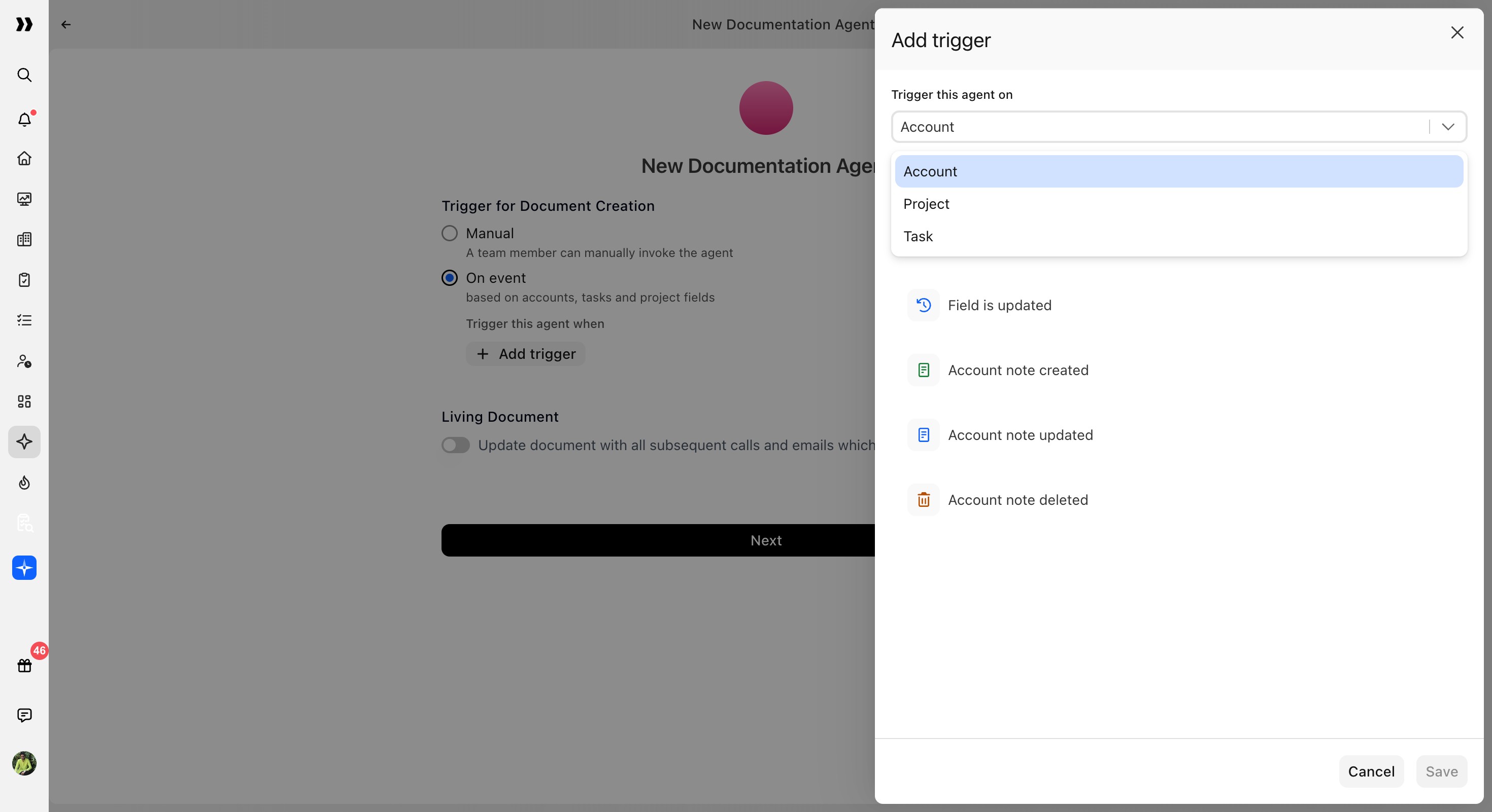 Trigger target dropdown with Account, Project, and Task