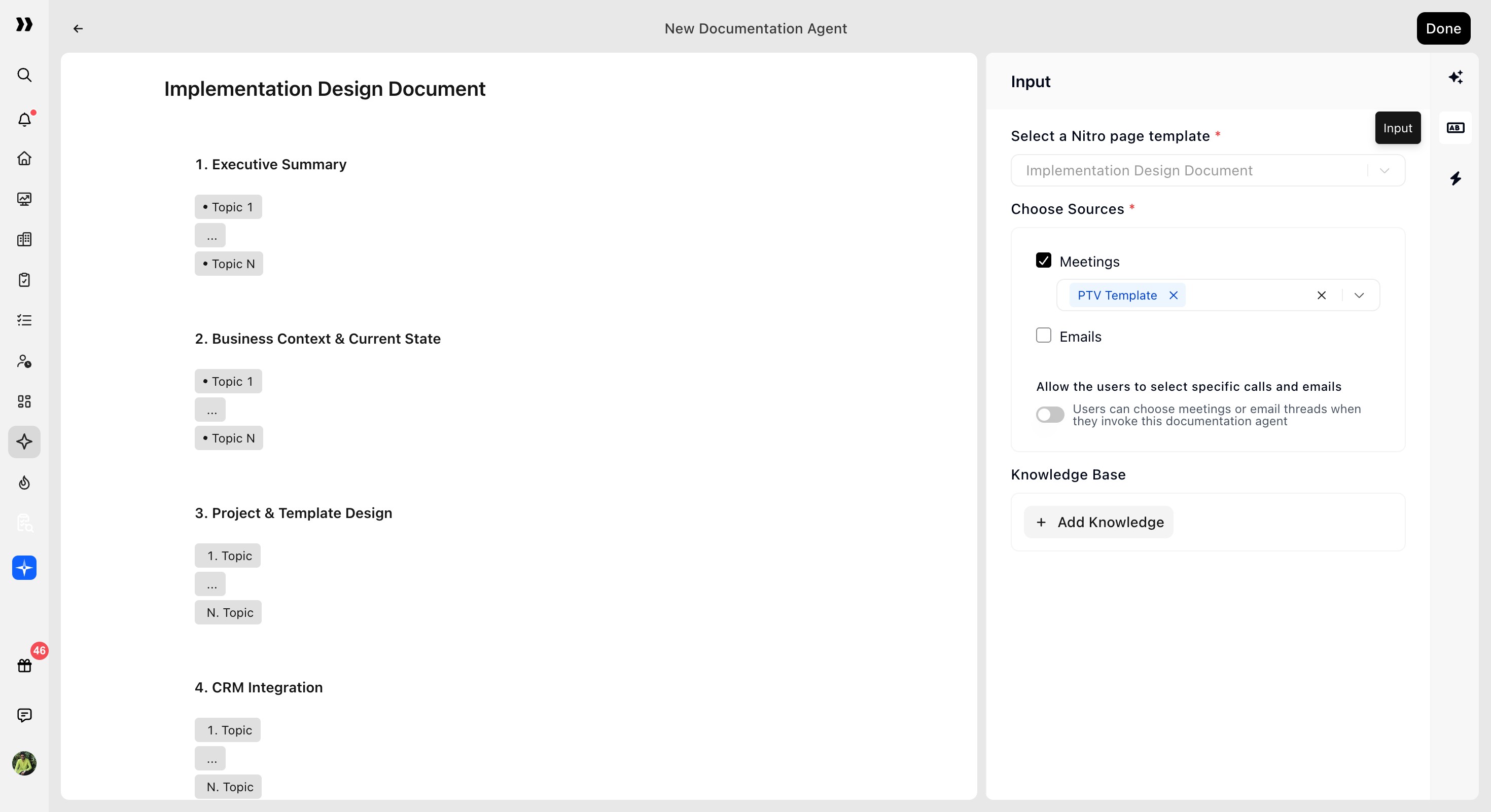Input panel with template, sources, and knowledge settings