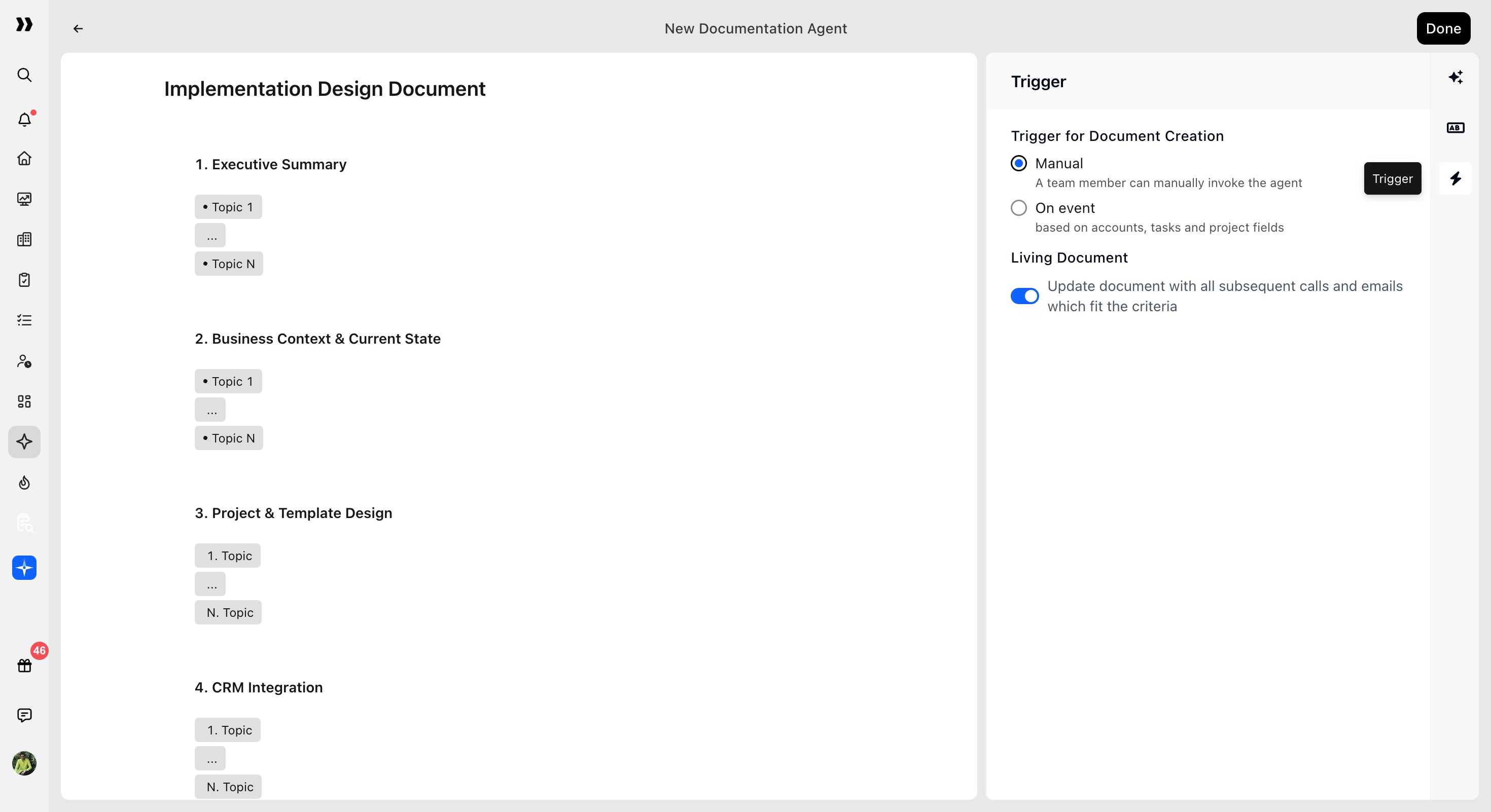 Trigger panel with trigger and Living Document settings
