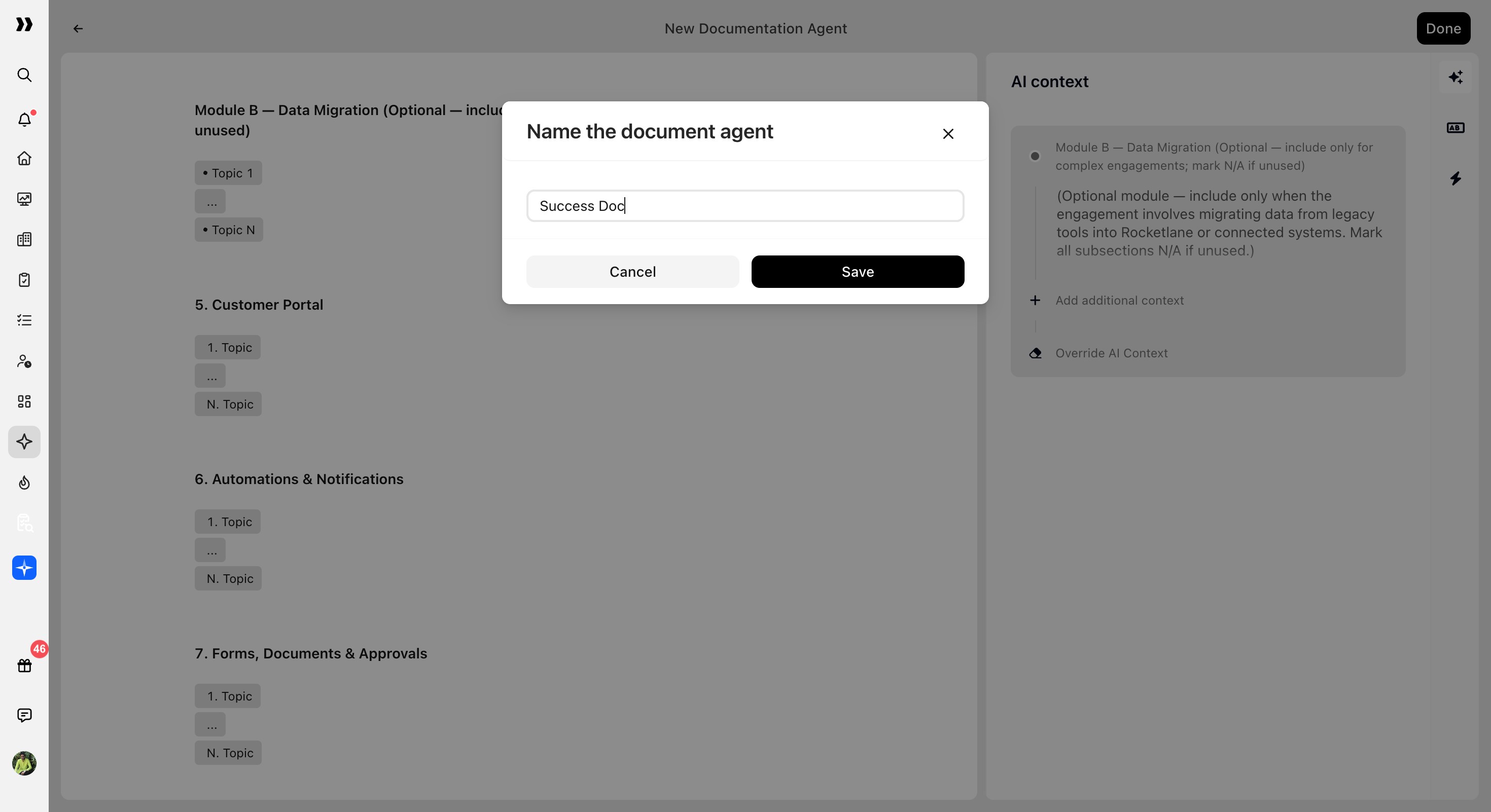 Name the document agent modal with Save button