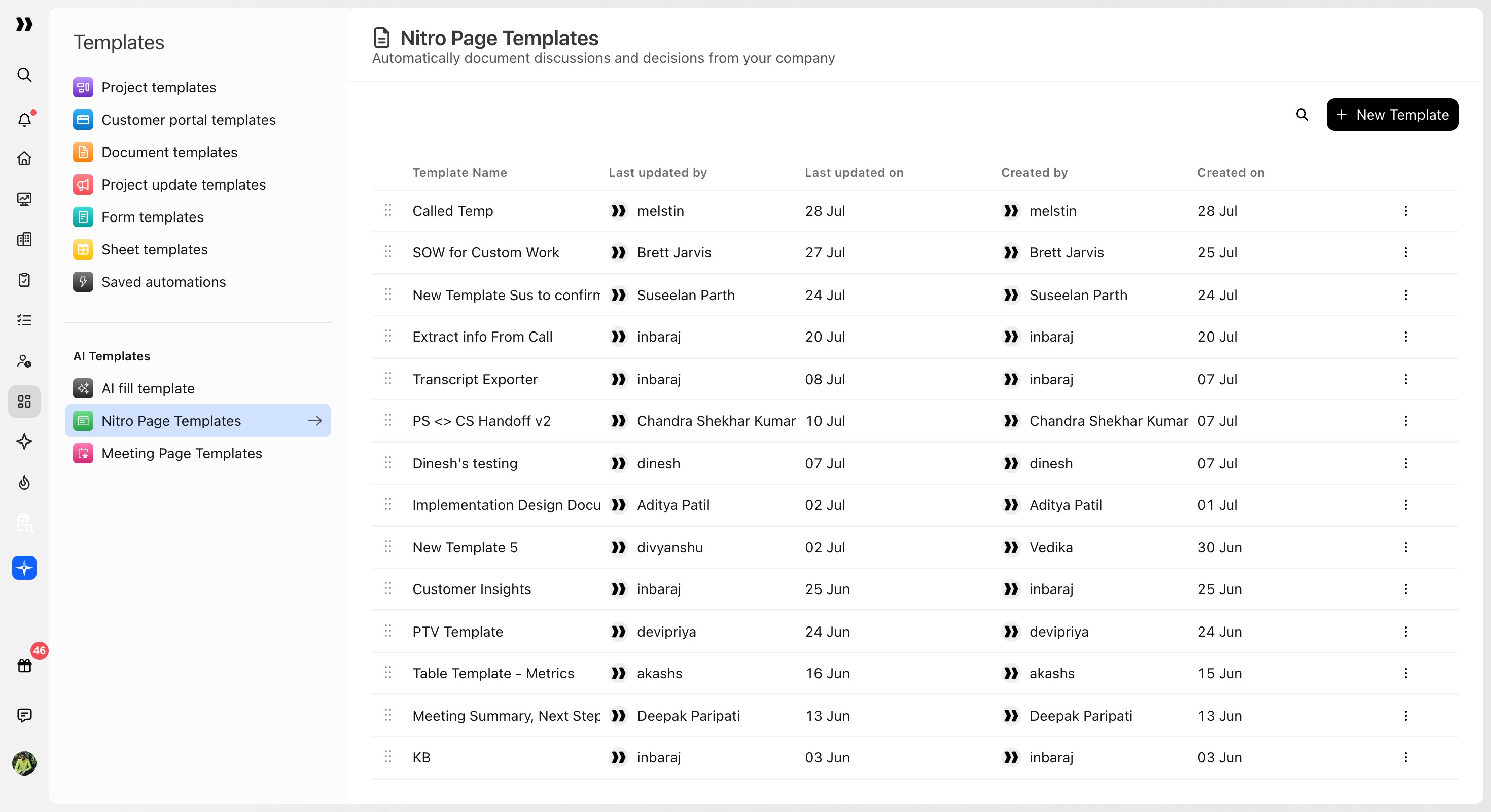 Templates page with Nitro Page Templates selected under AI Templates