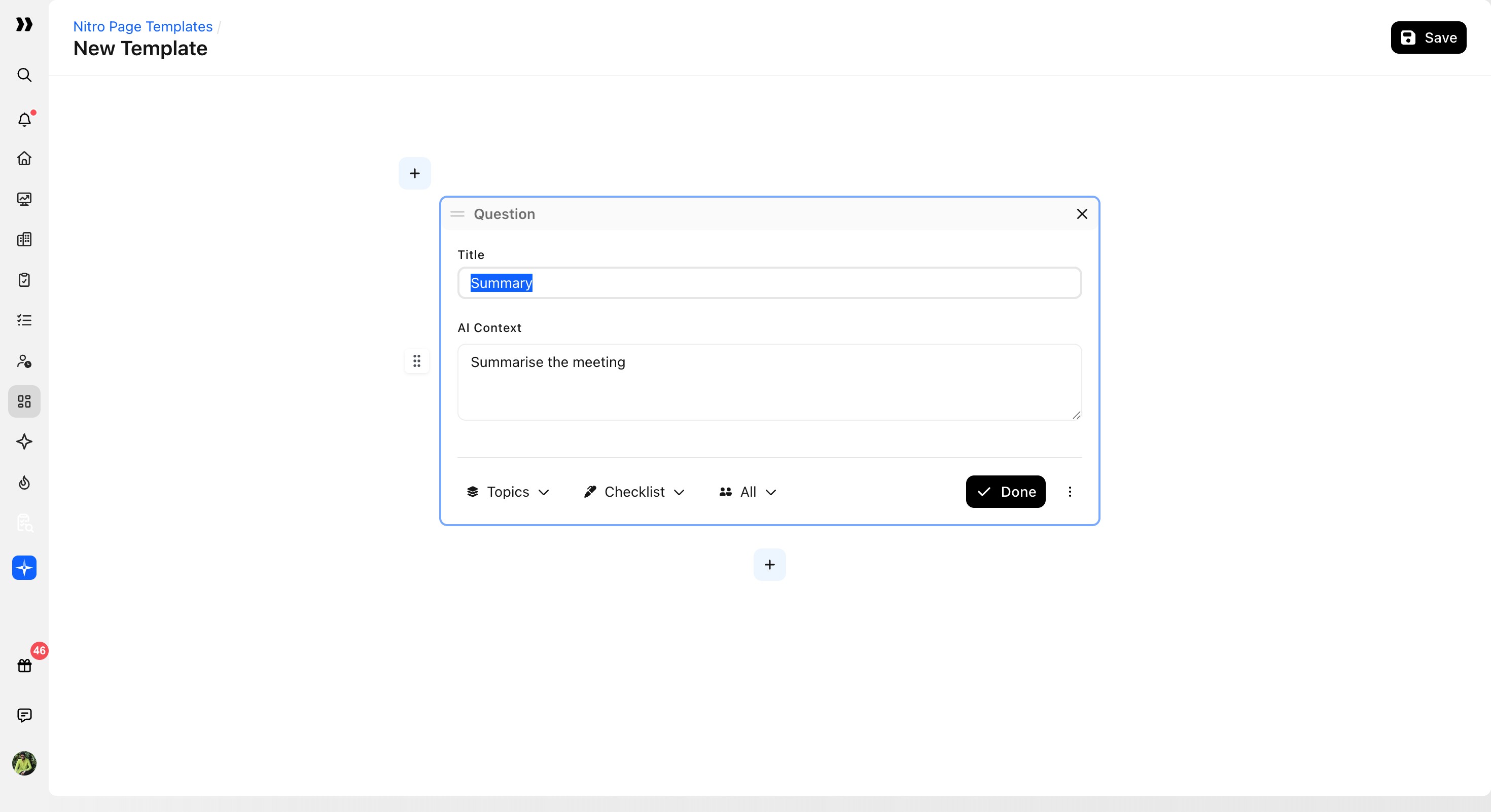 Question block configured as a Summary section with AI Context and output controls
