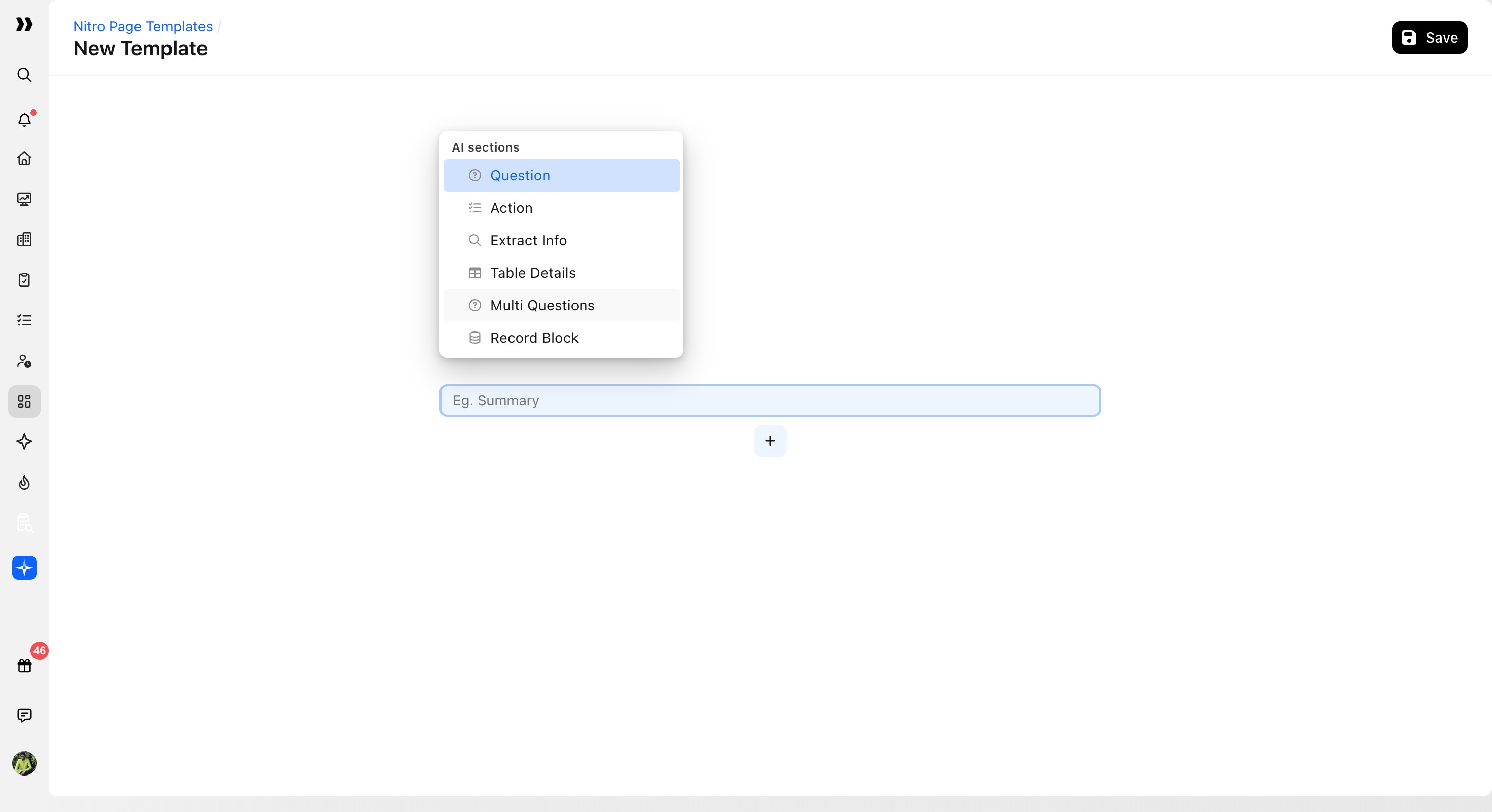 AI sections menu with all available Nitro Page Template block types