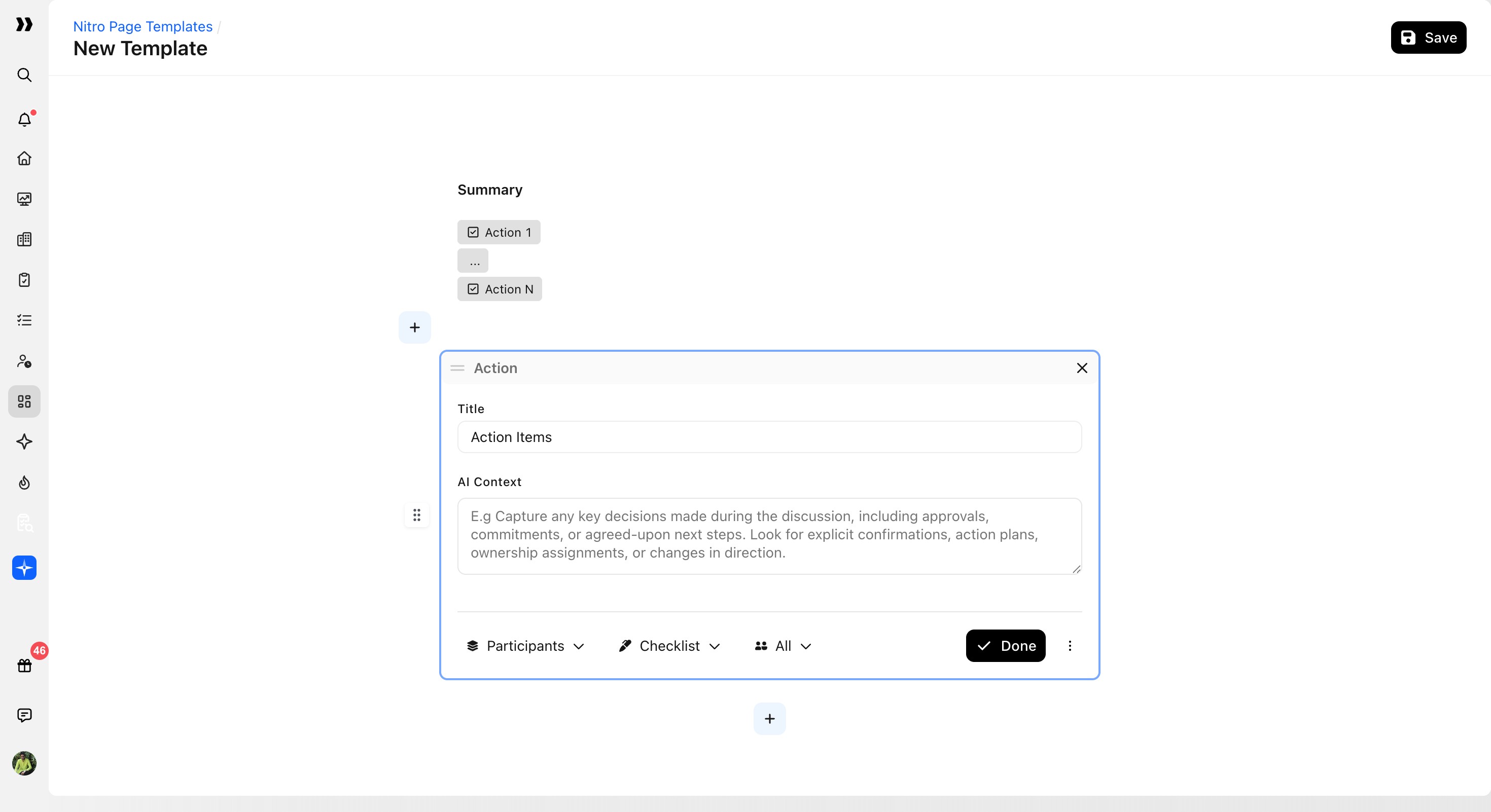 Action Items block with AI Context, participant controls, formatting controls, and Done button