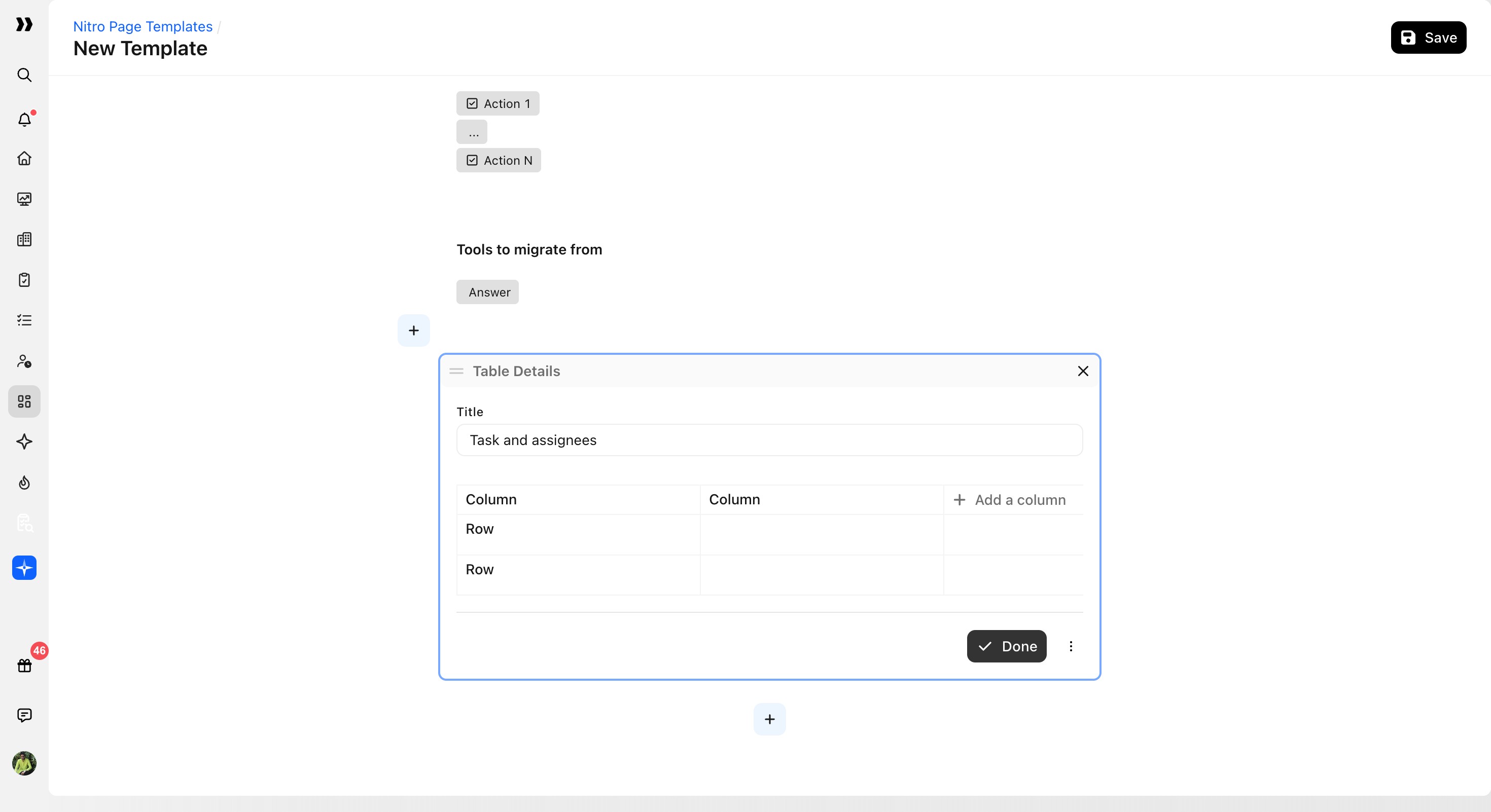 Table Details block titled Task and assignees with editable columns and rows