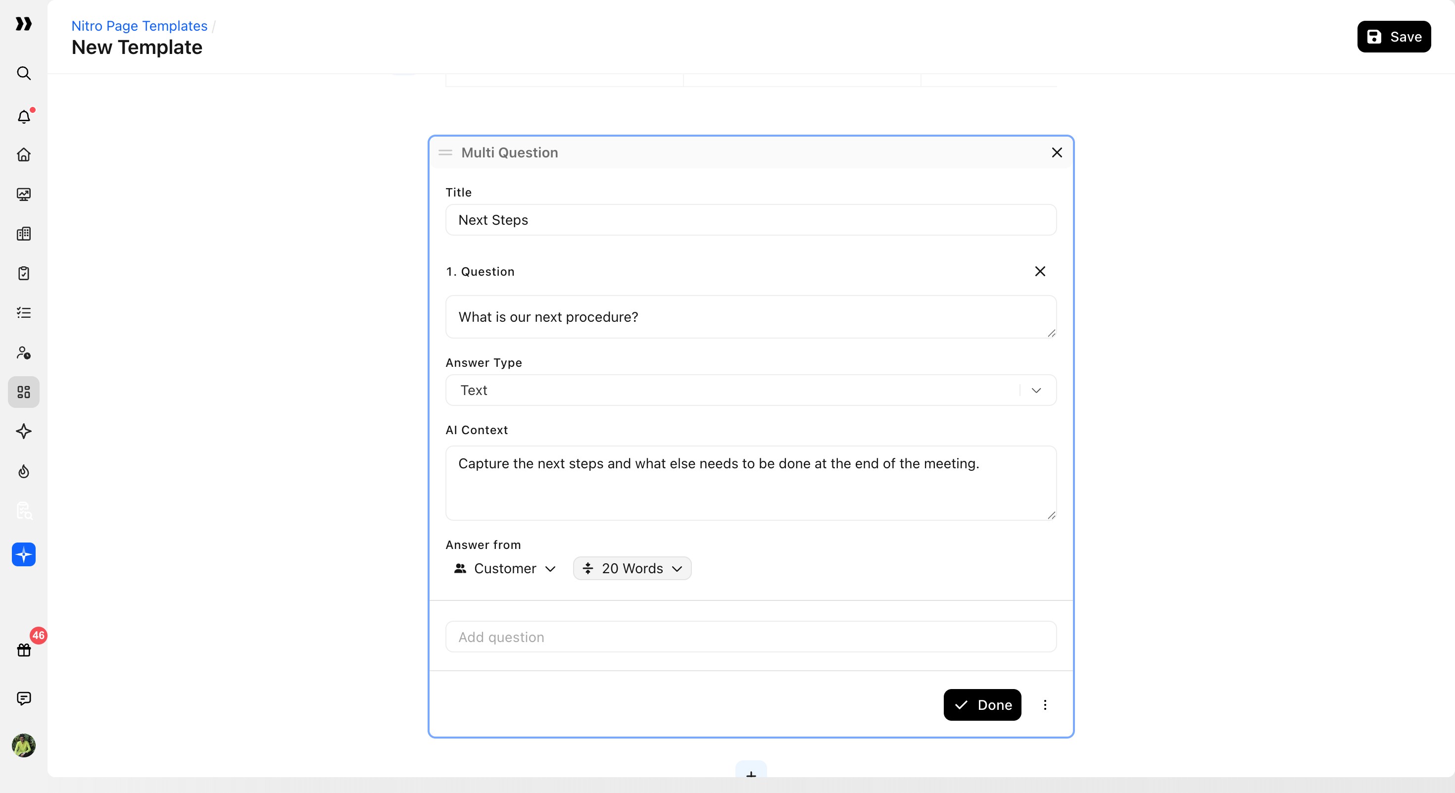 Next Steps Multi Question block with Text answer type, Customer source, and 20-word limit
