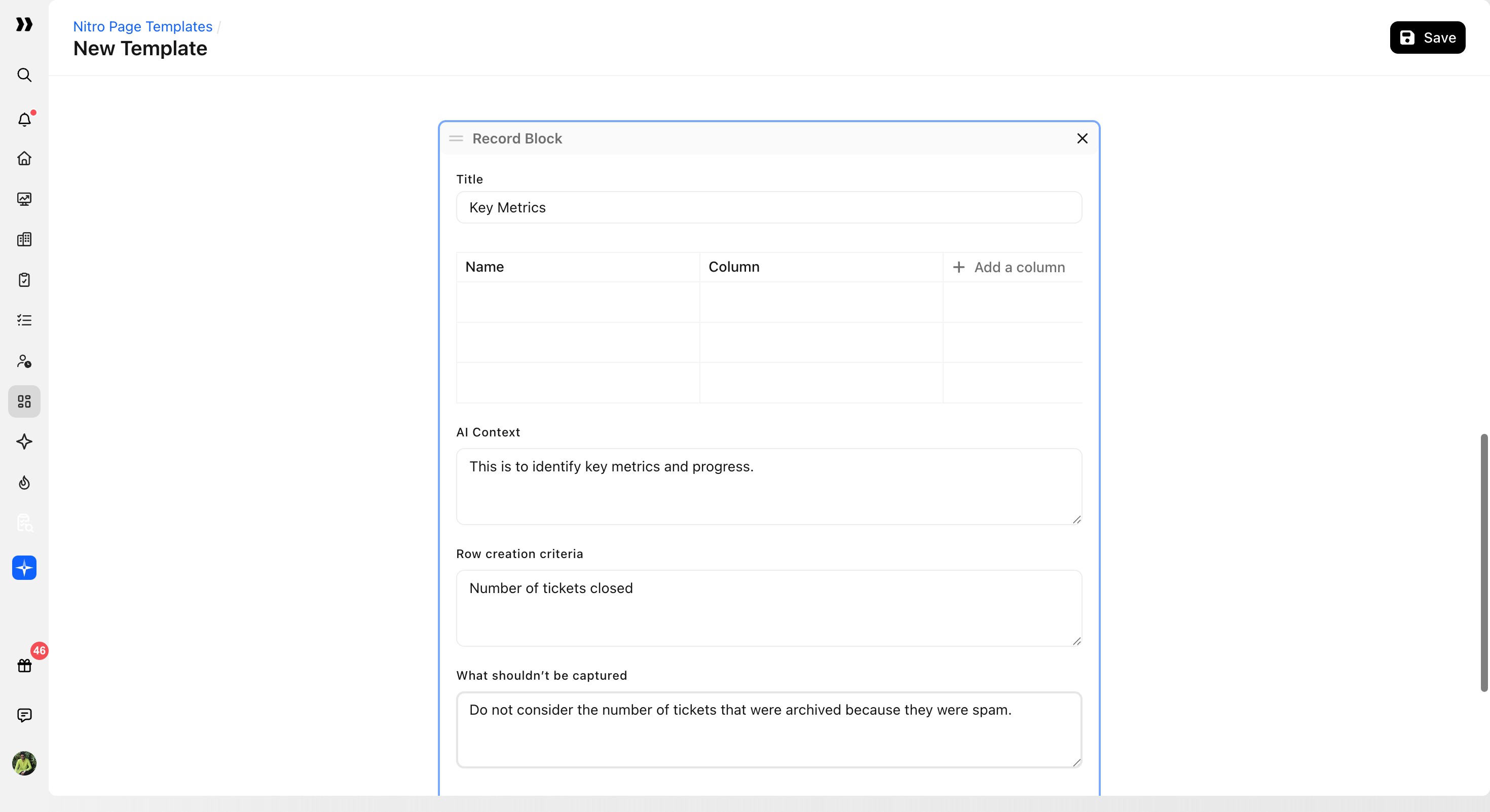 Completed Key Metrics Record Block with AI Context, row creation criteria, and exclusion criteria