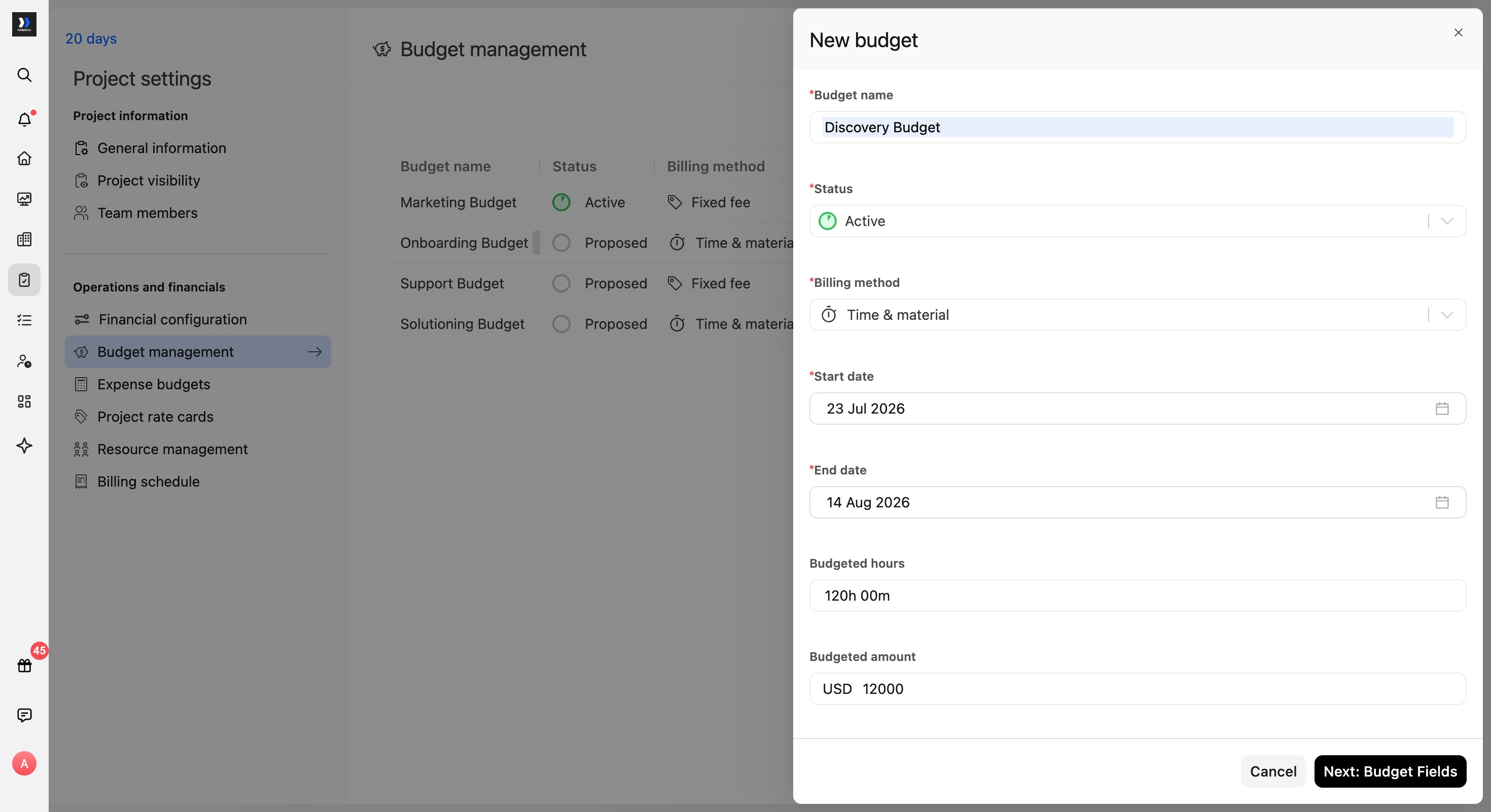 New budget drawer with status, billing method, dates, budgeted hours, budgeted amount, and Next: Budget Fields