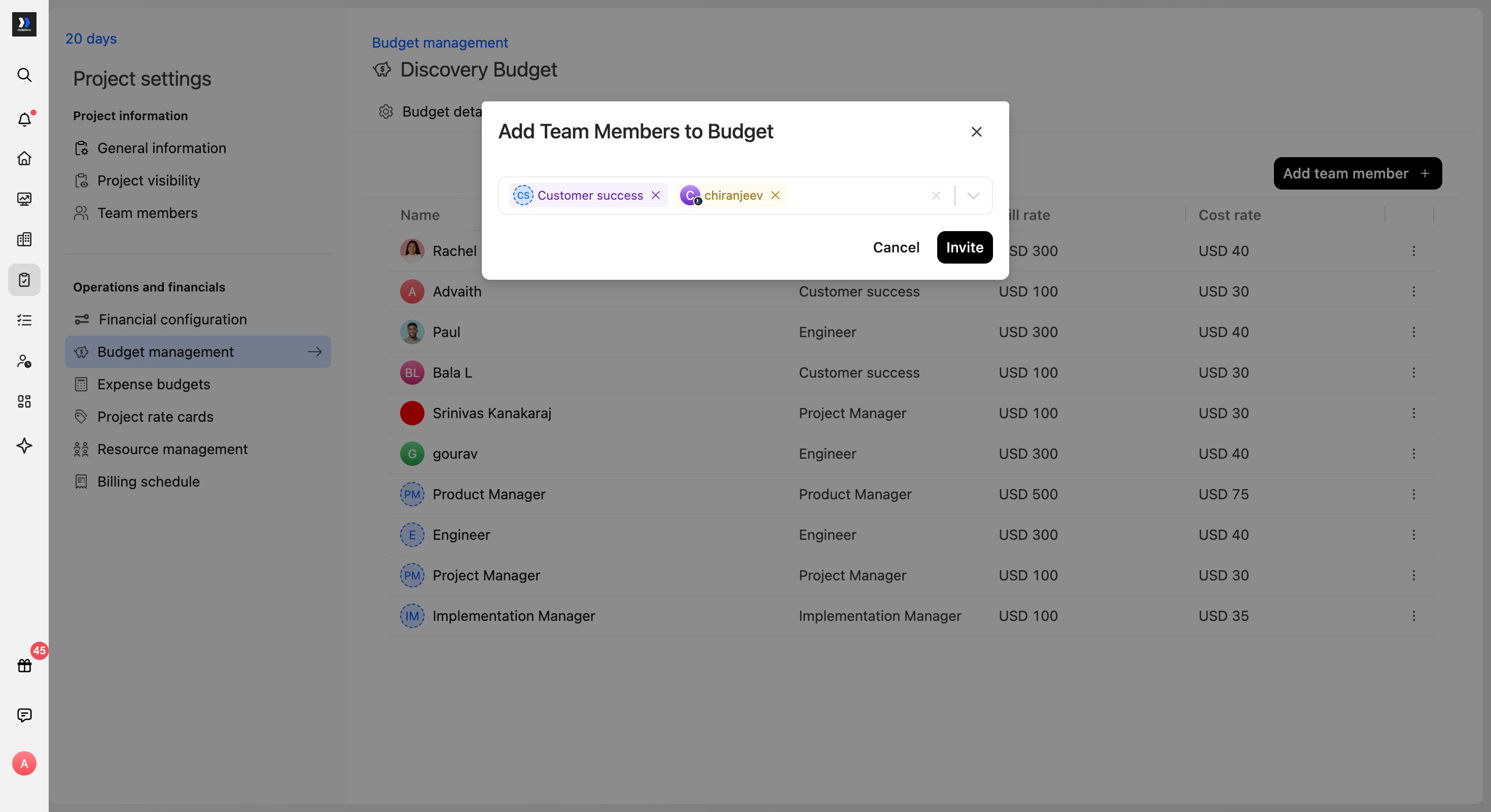 Add Team Members to Budget dialog with a placeholder and a named user selected