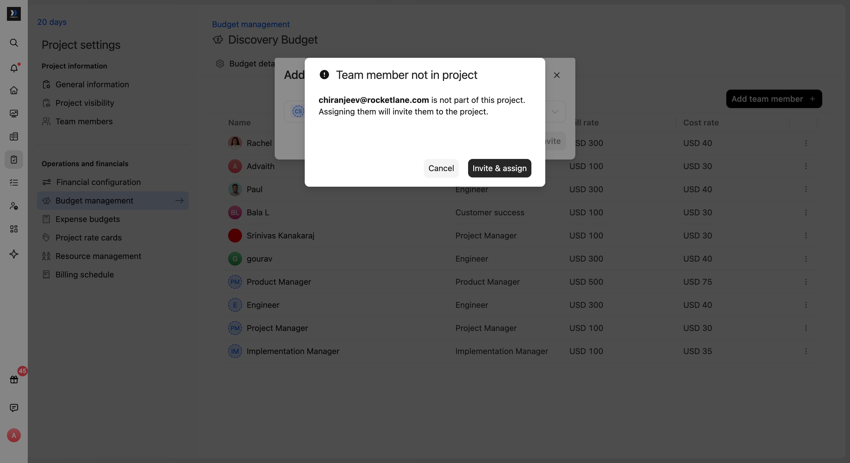 Team member not in project warning with the Invite and assign action