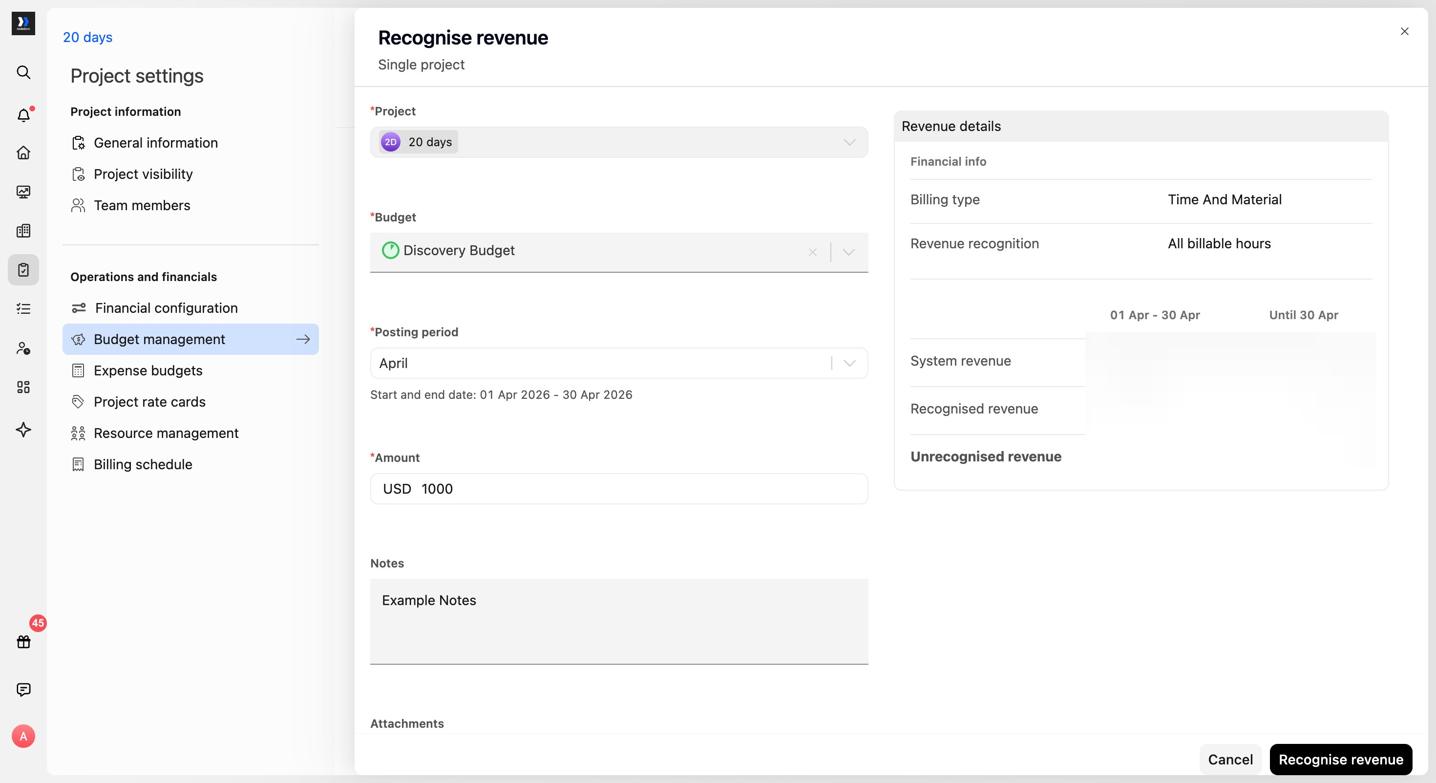 Recognise revenue drawer with project, budget, posting period, amount, notes, and revenue details