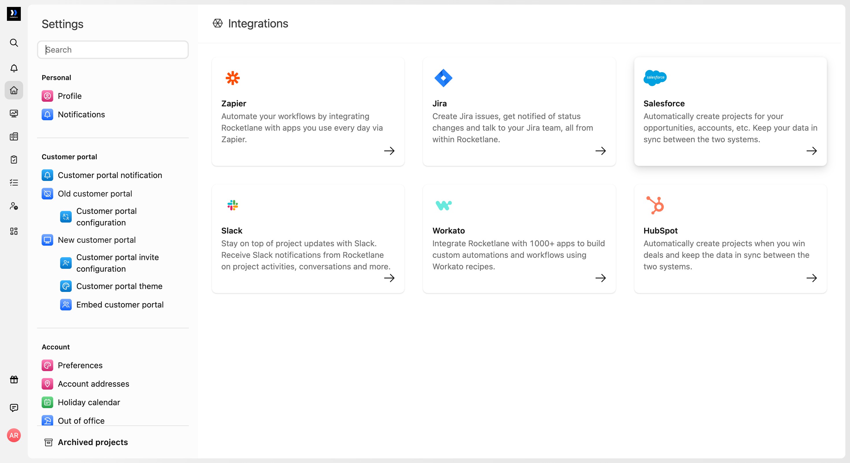 Settings Integrations page with the Salesforce integration card