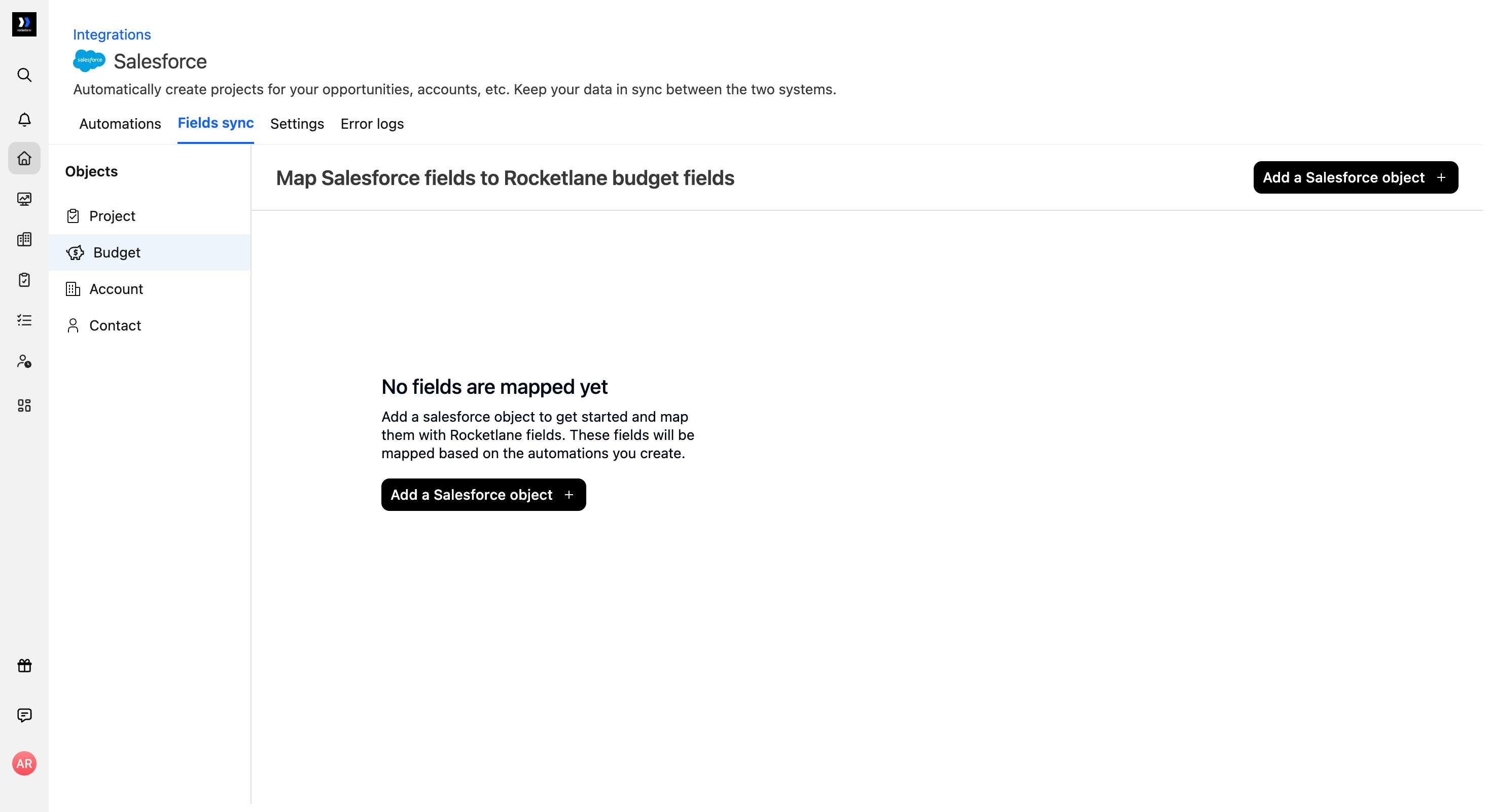 Salesforce Fields sync tab with Budget selected in the Objects sidebar