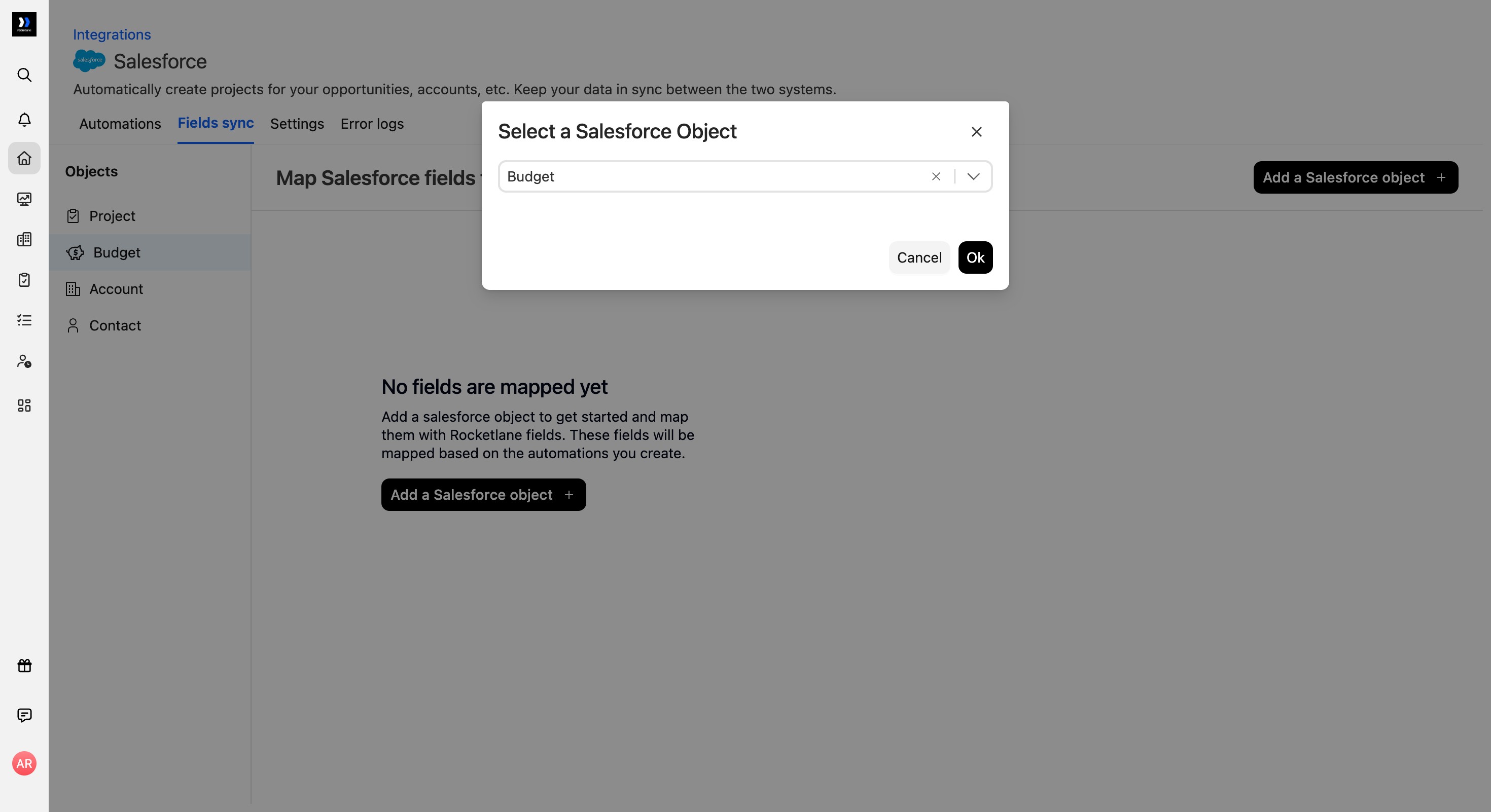 Select a Salesforce Object dialog with Budget selected