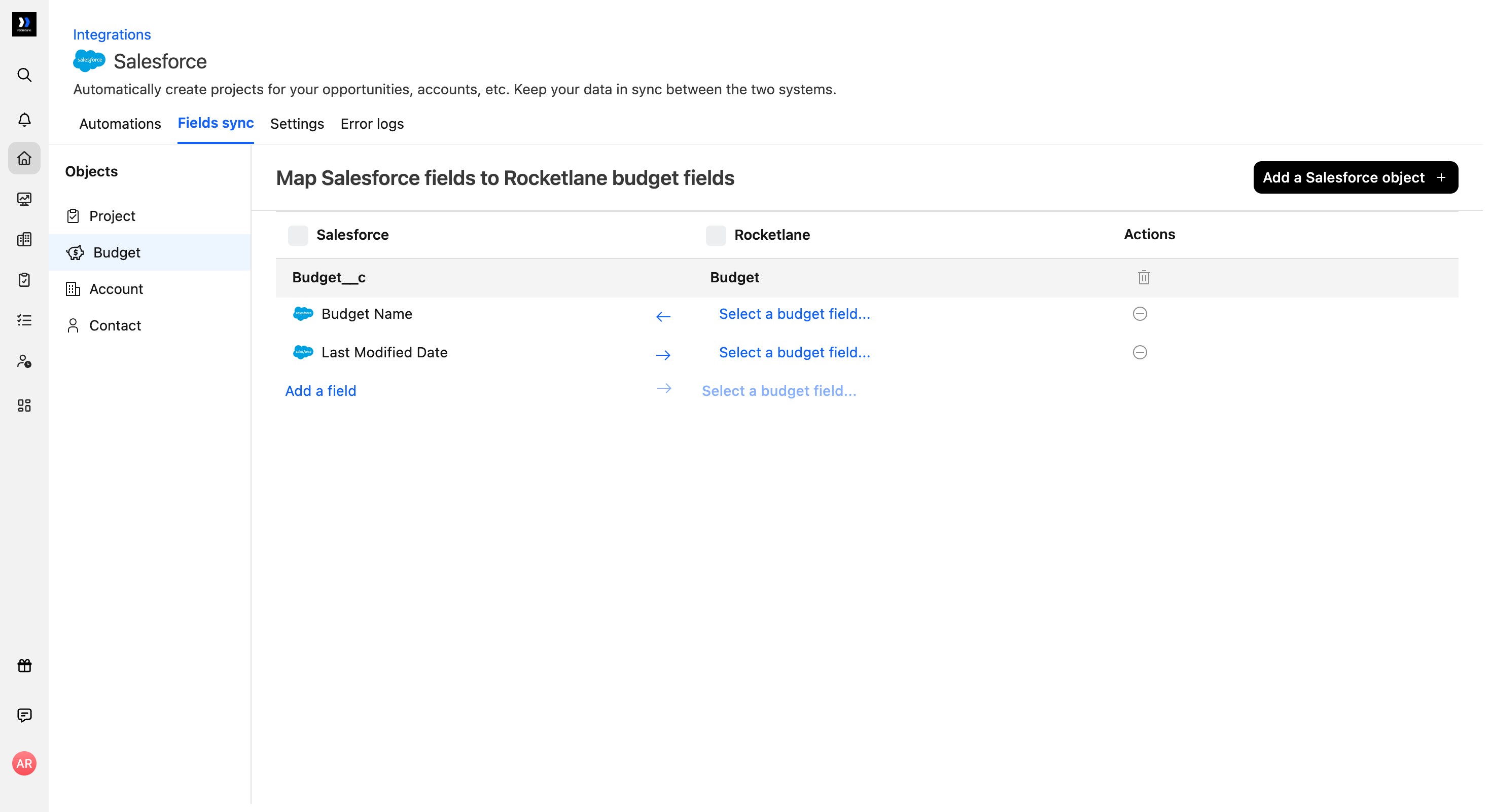 Budget mapping table with Budget Name and Last Modified Date Salesforce fields