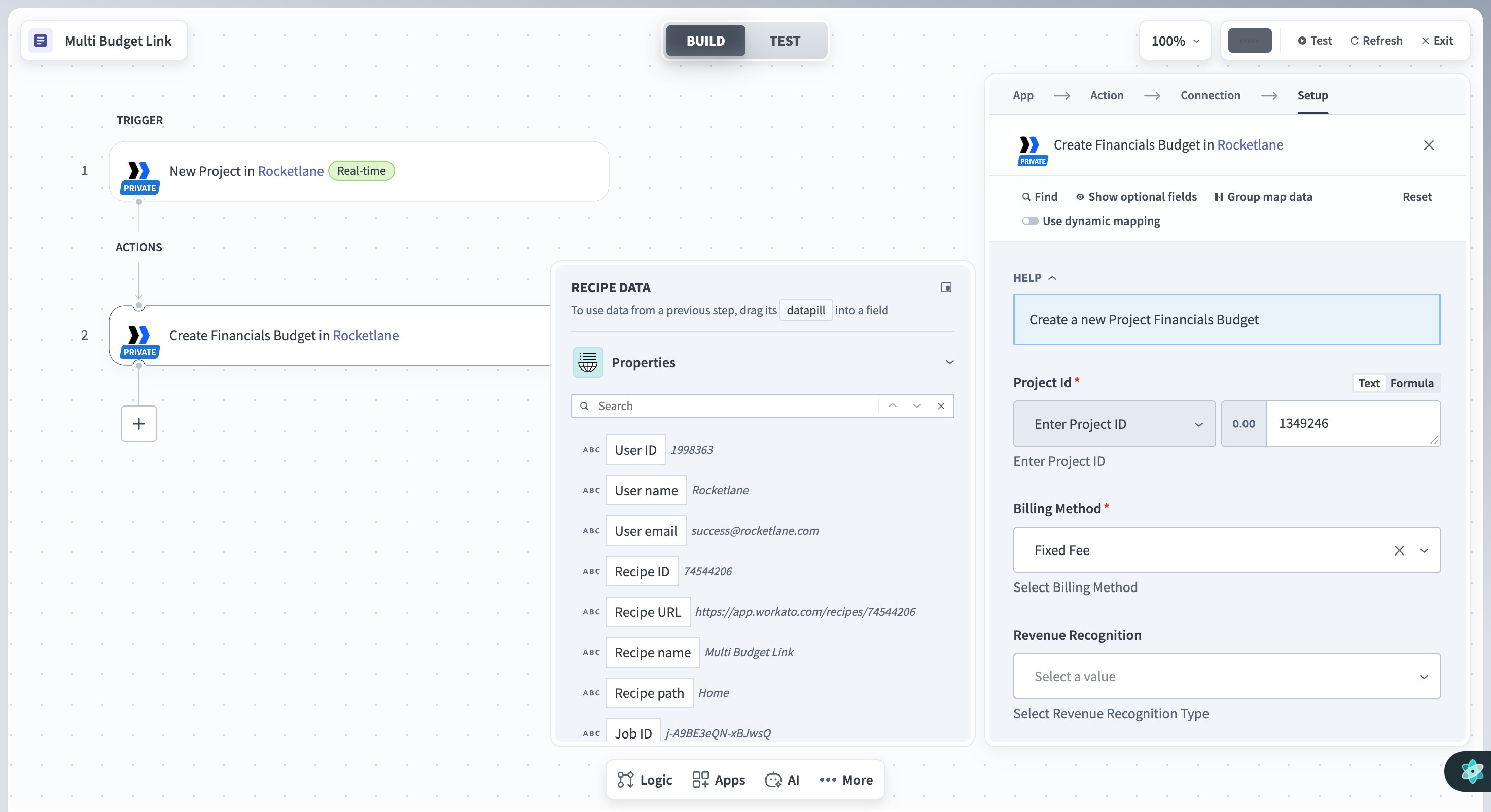 Workato recipe canvas with the Rocketlane New Project trigger and Create Financials Budget action configured with example project ID 1349246 and Fixed Fee billing