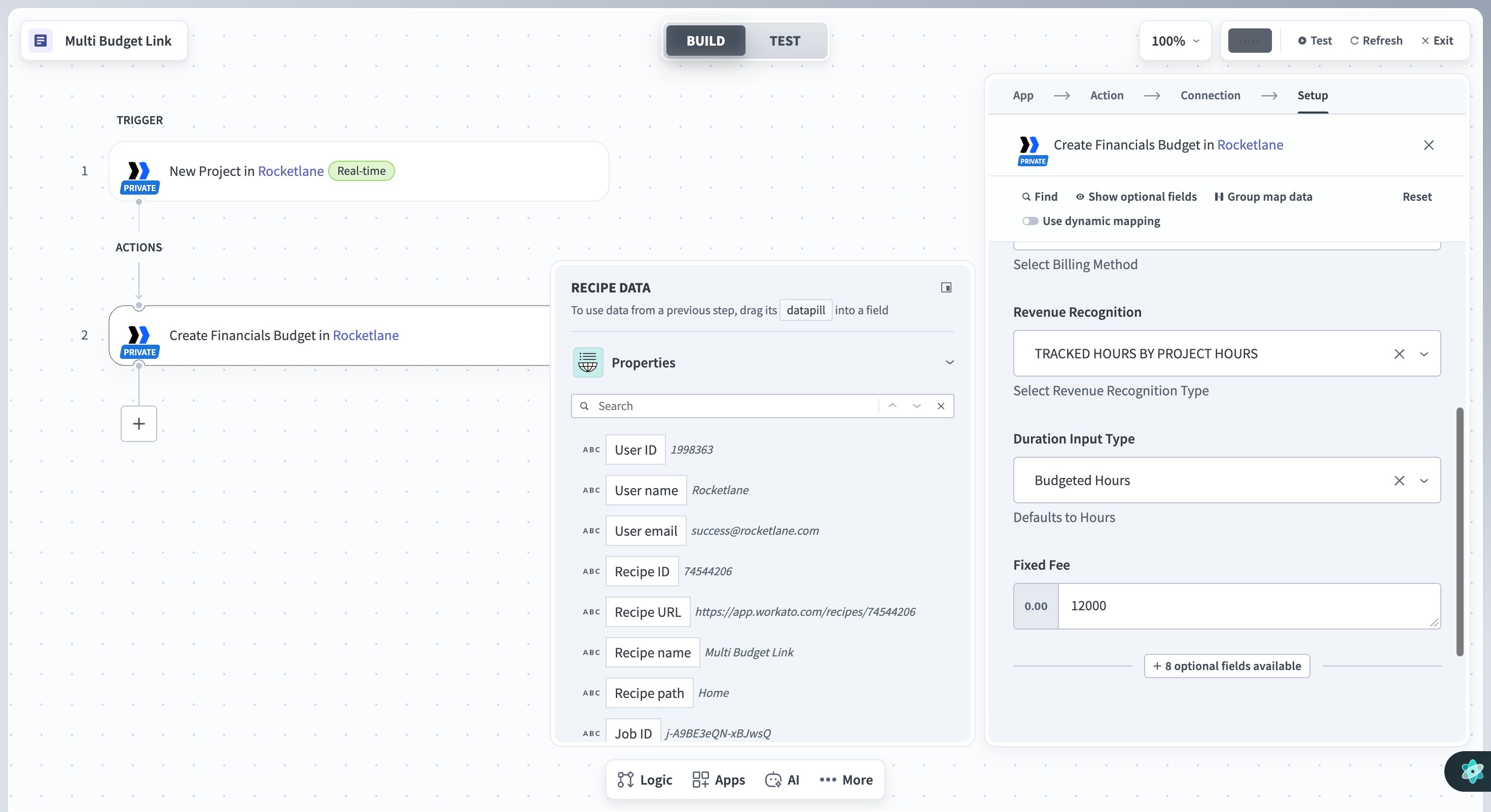 Create Financials Budget settings with Tracked Hours by Project Hours revenue recognition, Budgeted Hours duration input, and example Fixed Fee value 12000