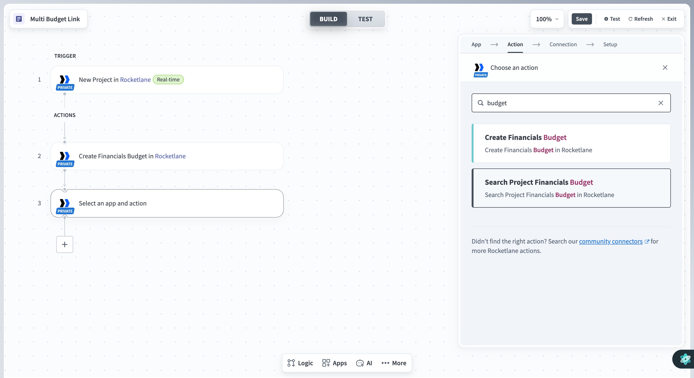 Workato Rocketlane budget action search showing Create Financials Budget and Search Project Financials Budget, with the search action selected