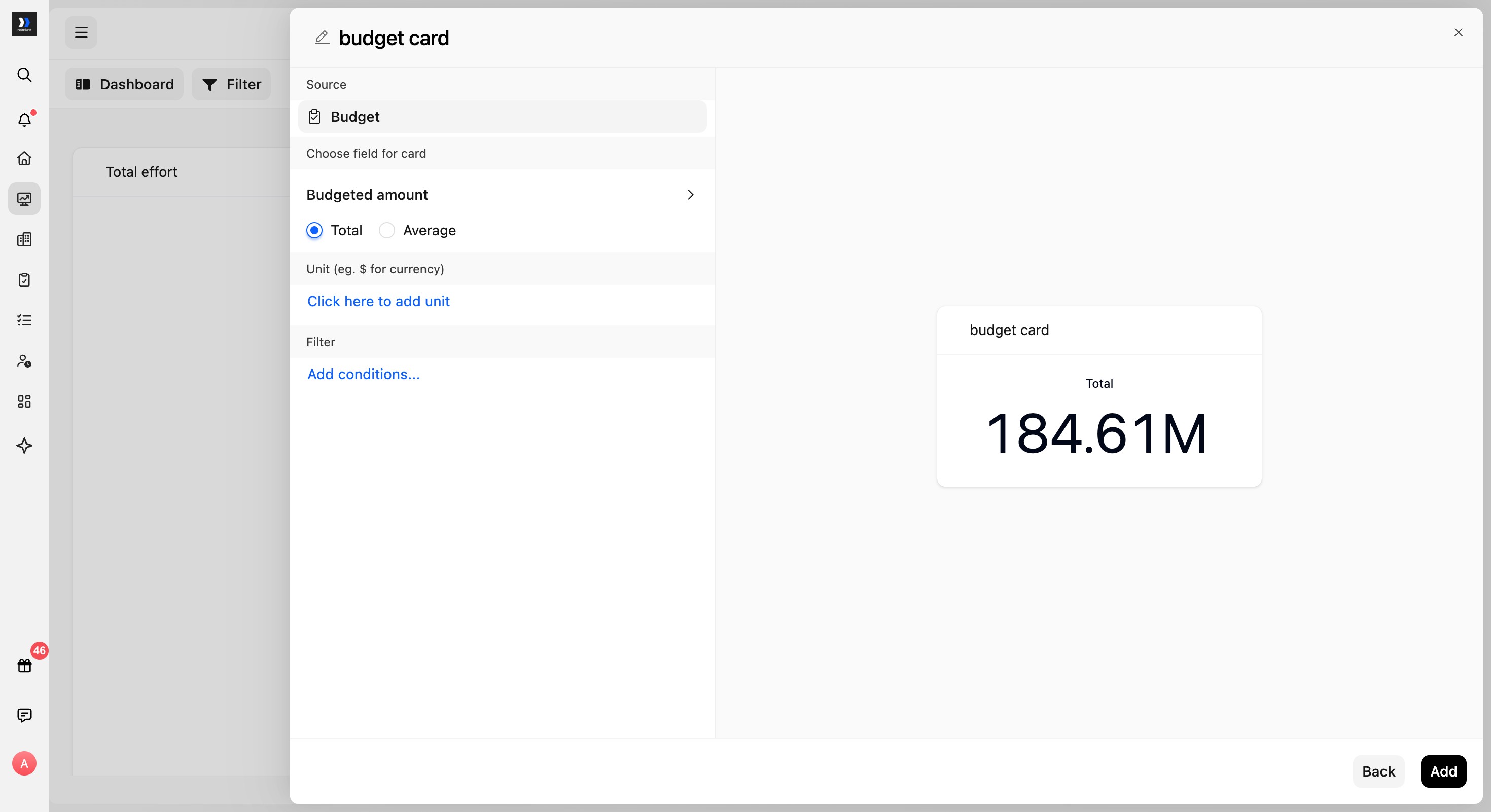 Budget card widget with Budget as the source and Budgeted amount selected