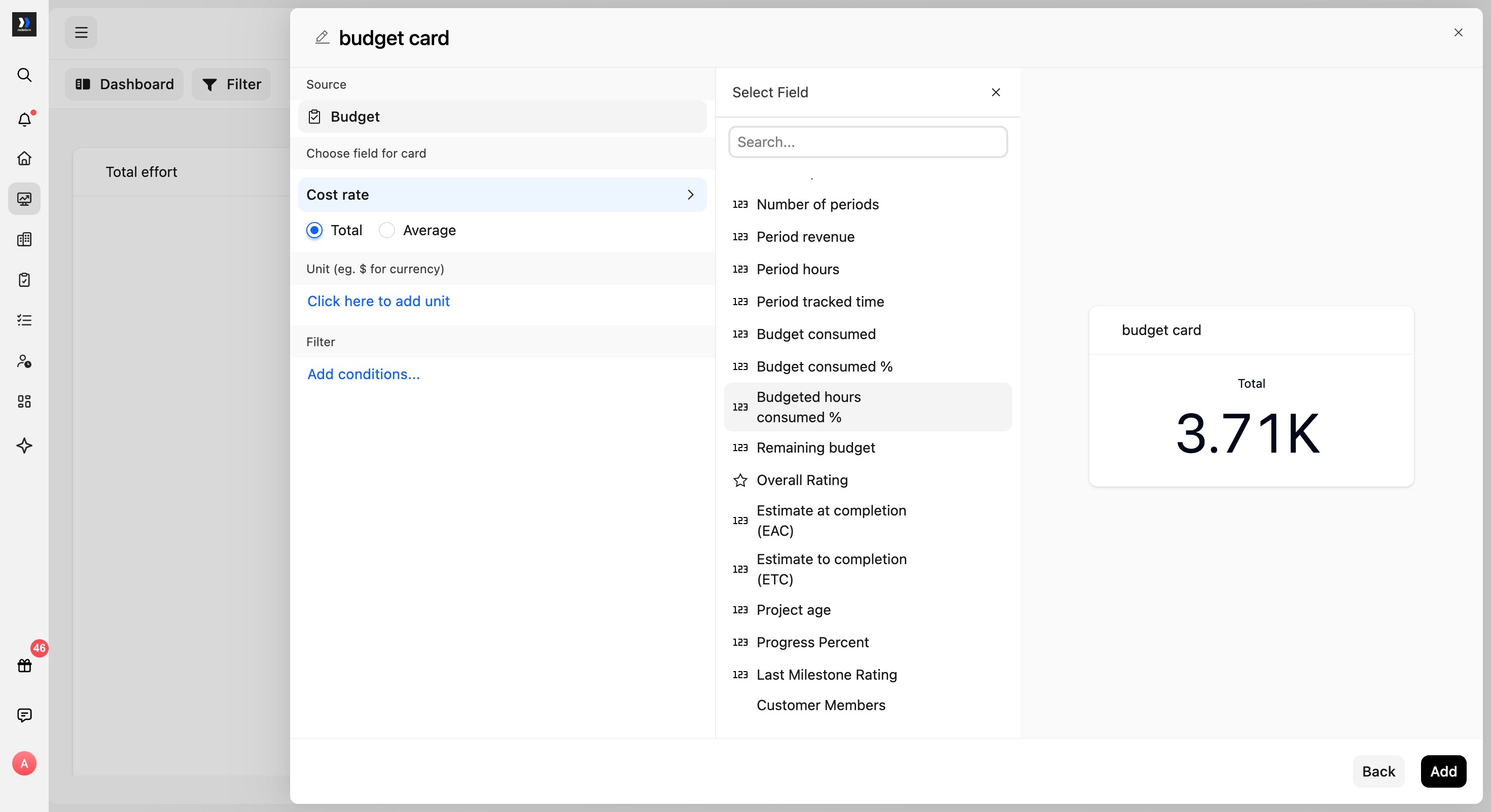 Budget card field picker with Budgeted hours consumed percent available