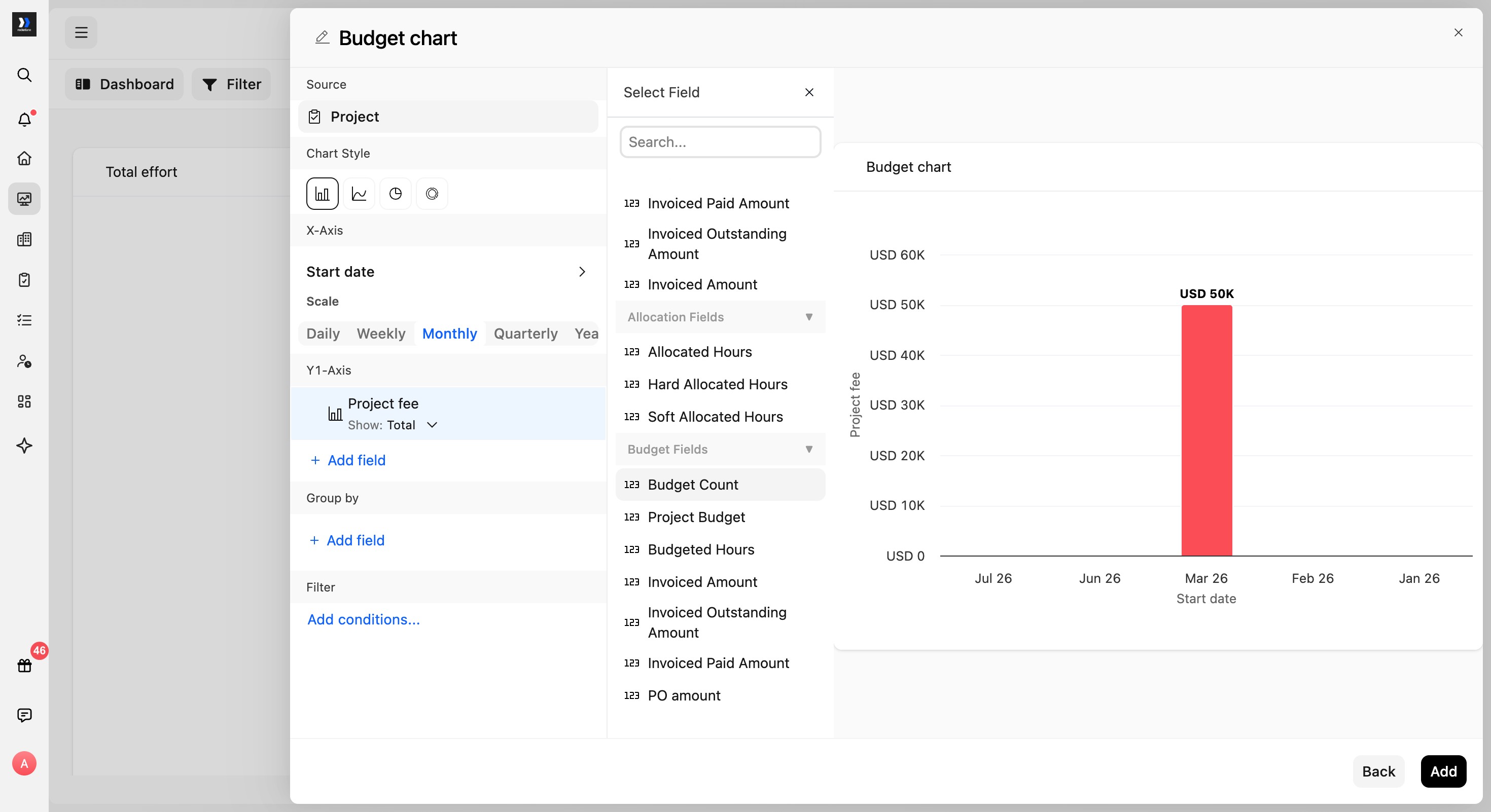 Project source field picker with Budget Count selected