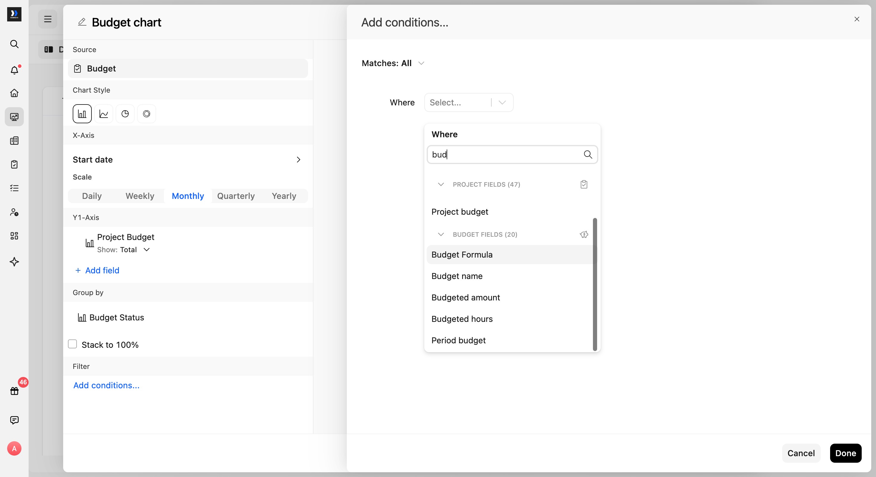 Add conditions dialog with budget fields including Budgeted hours