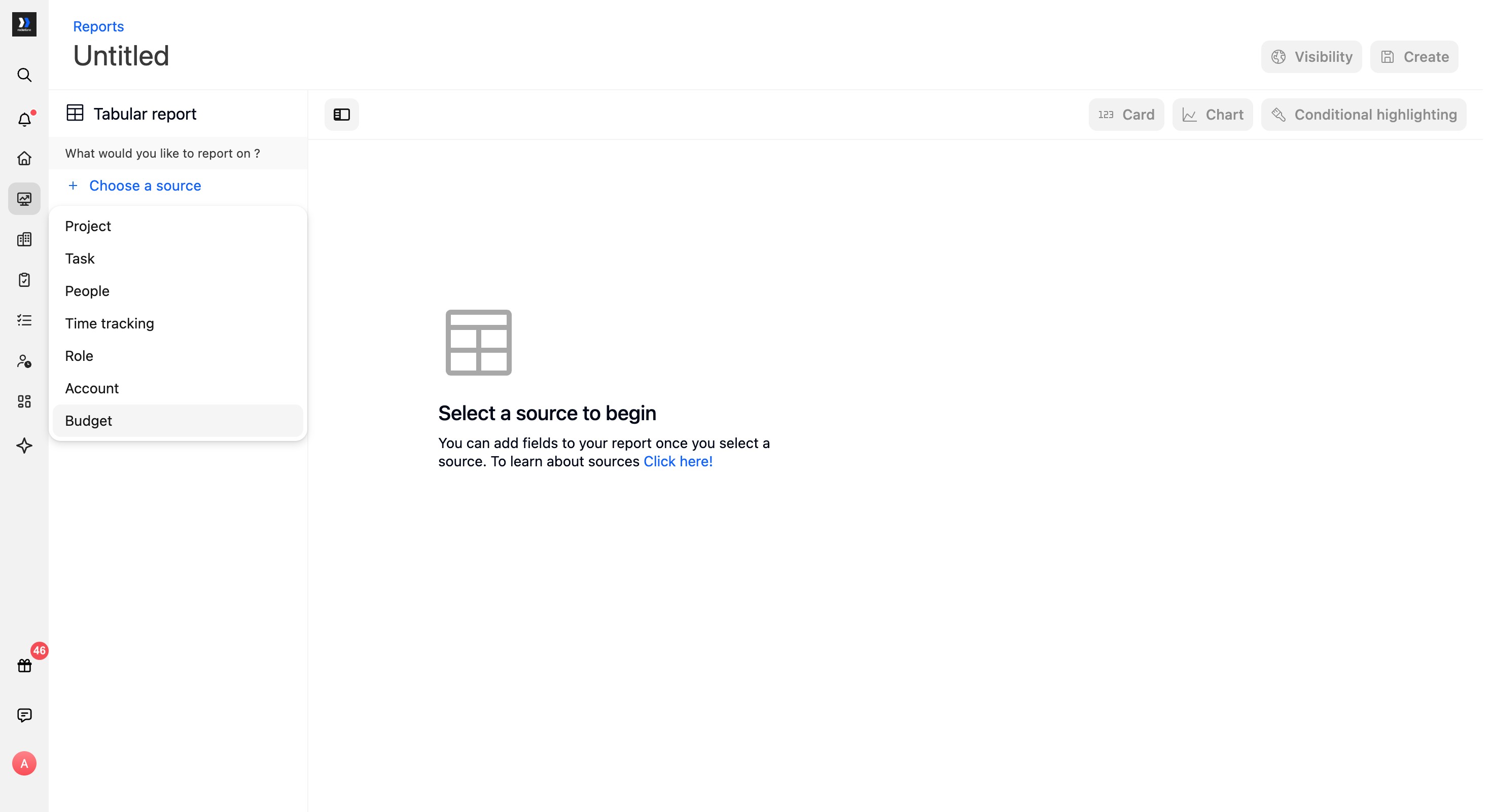 Tabular report source menu with Budget selected