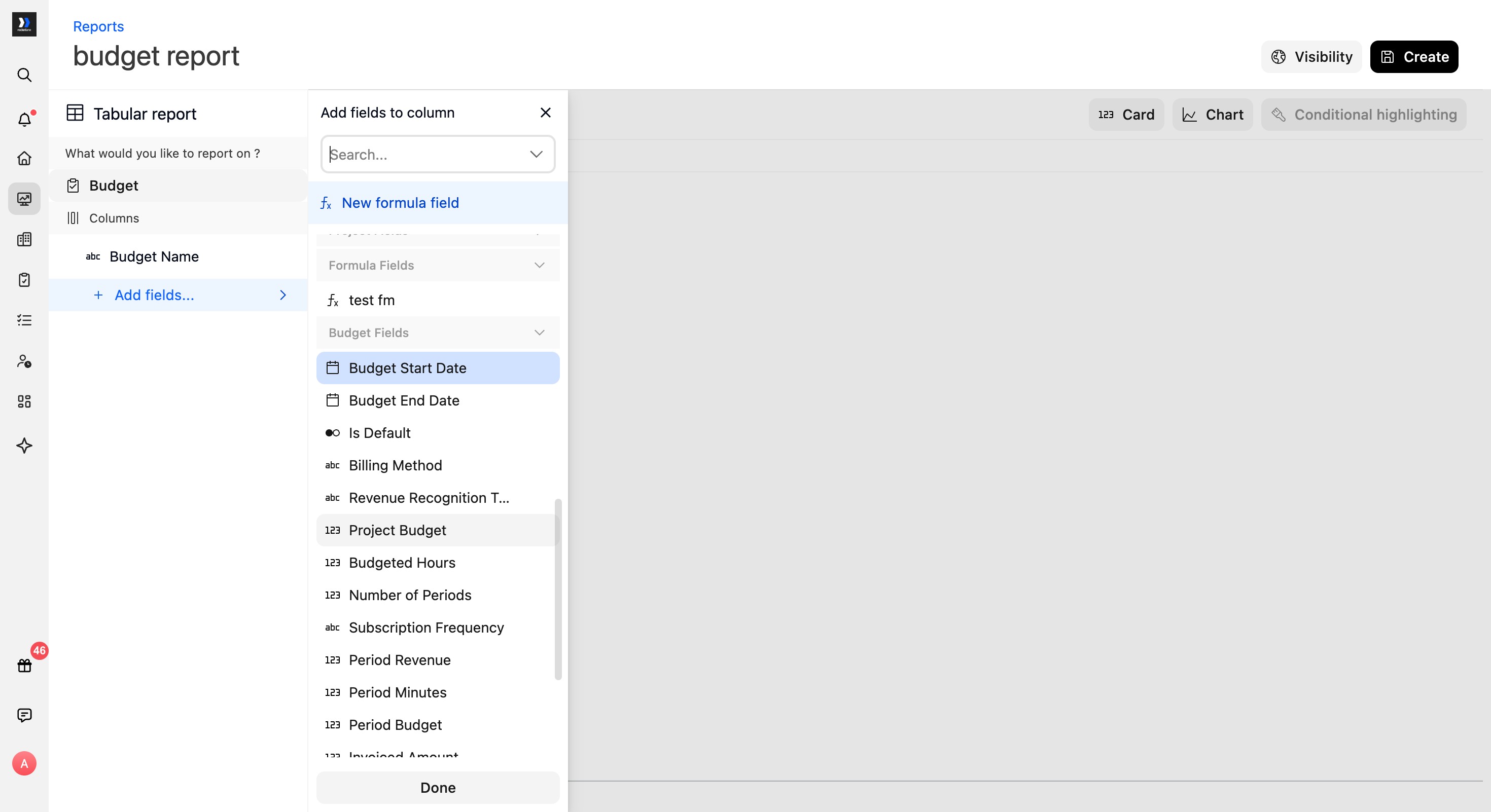 Tabular report column picker with Budget Start Date selected