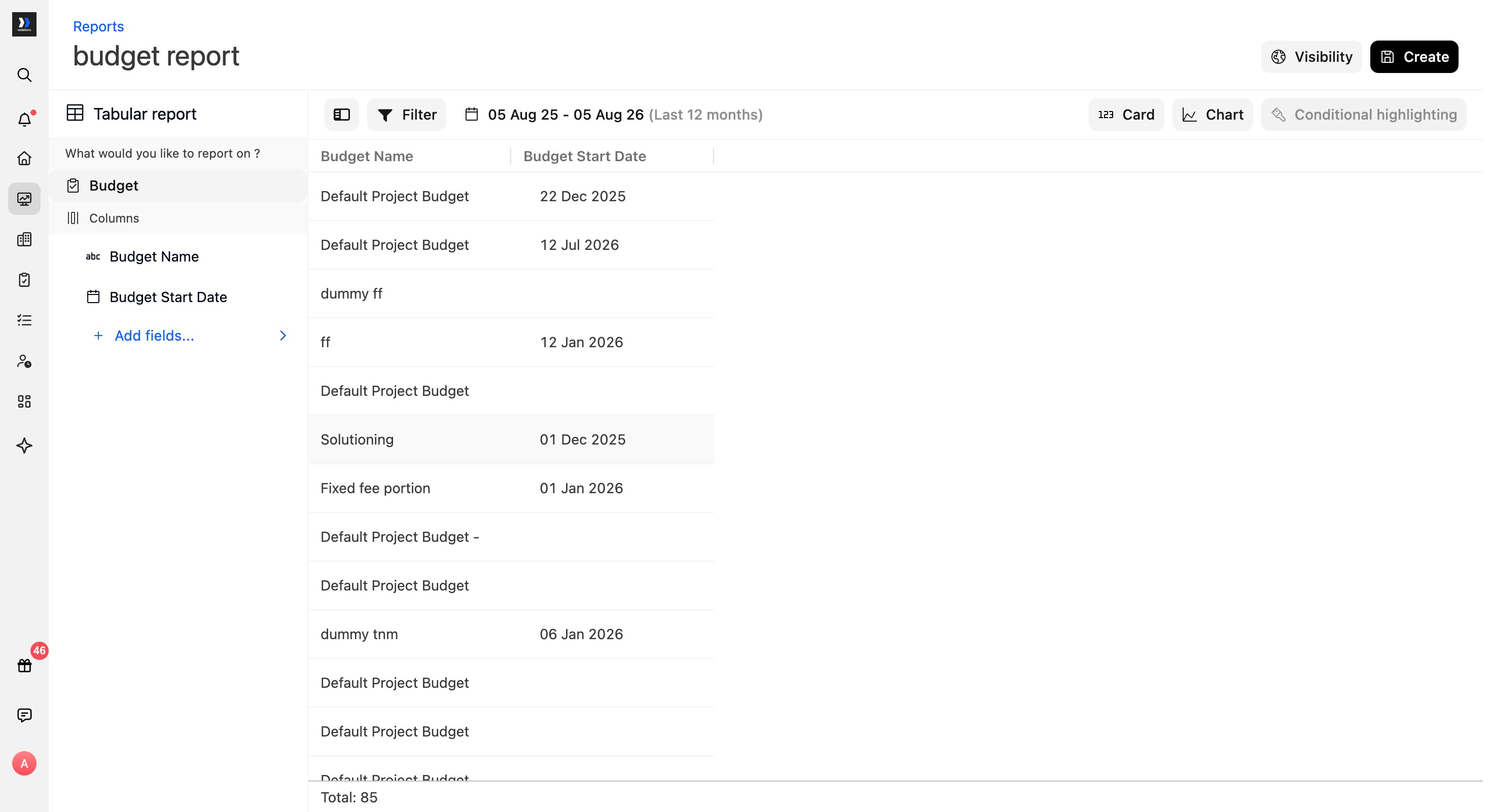 Tabular report displaying Budget Name and Budget Start Date columns