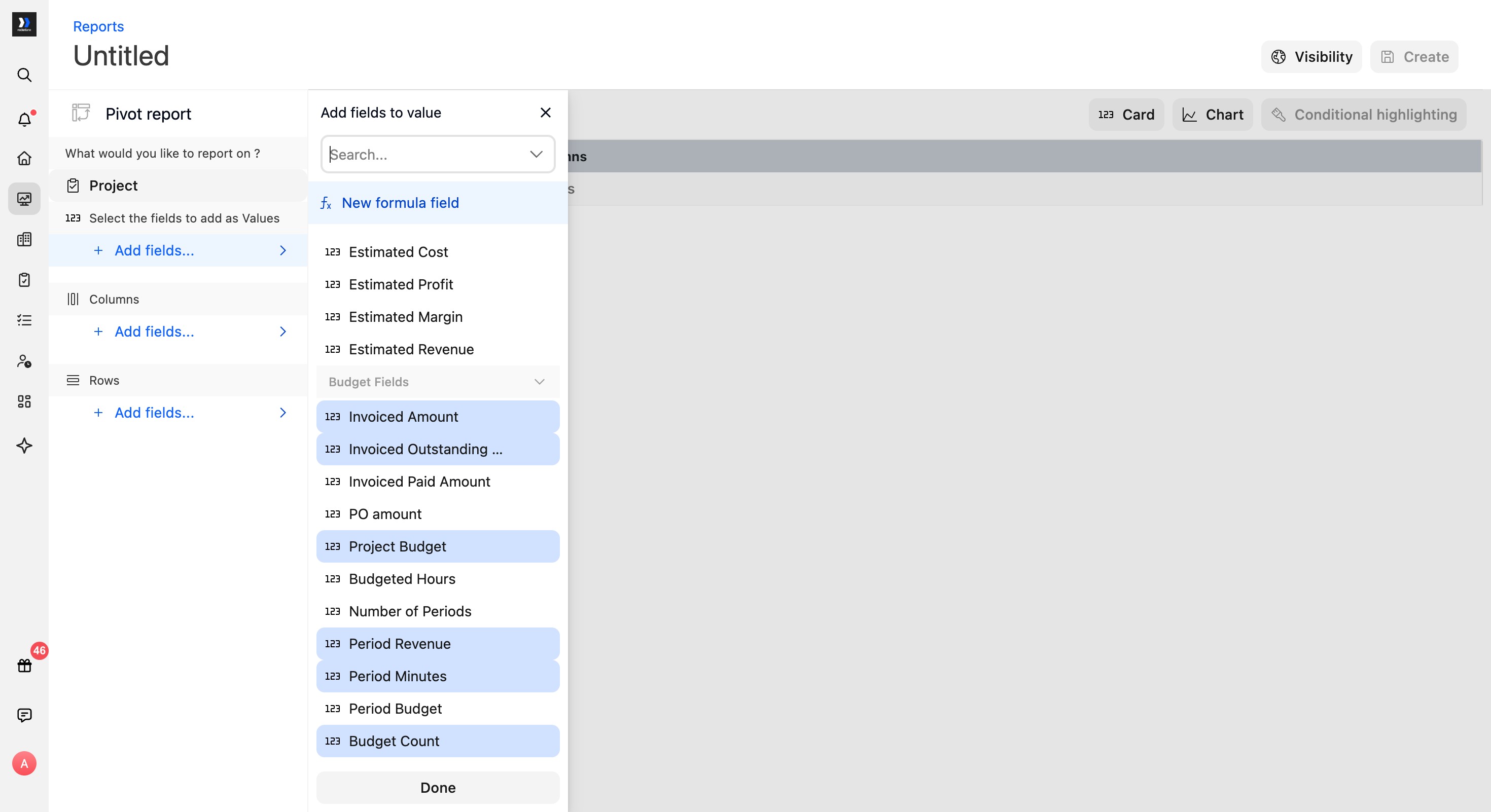 Project-source pivot report value picker with budget and financial fields selected