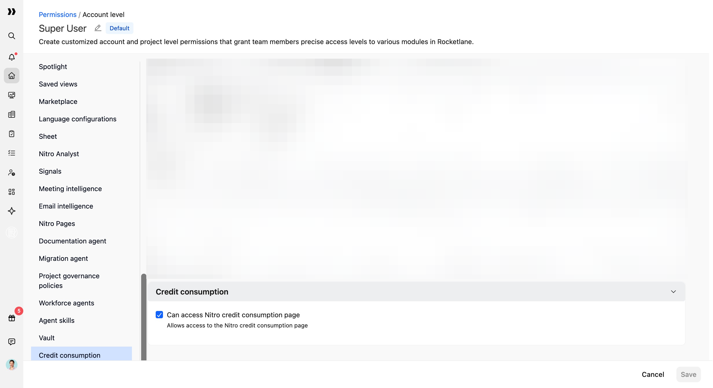 Super User role editor showing the Can access Nitro credit consumption page permission