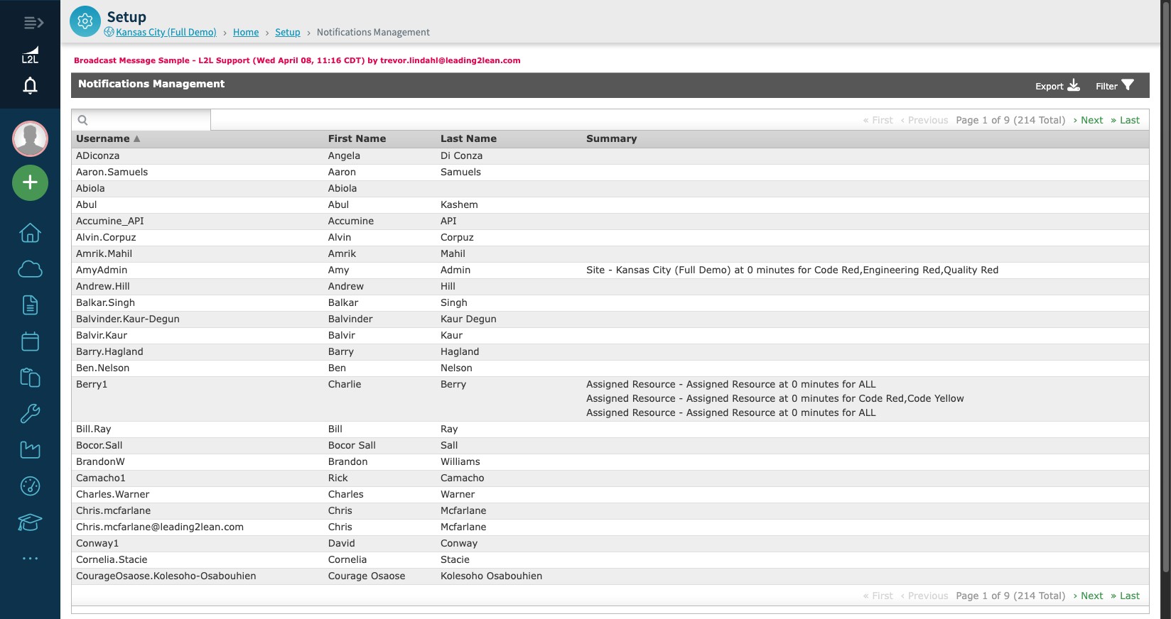 Notifications Management page showing the full user list