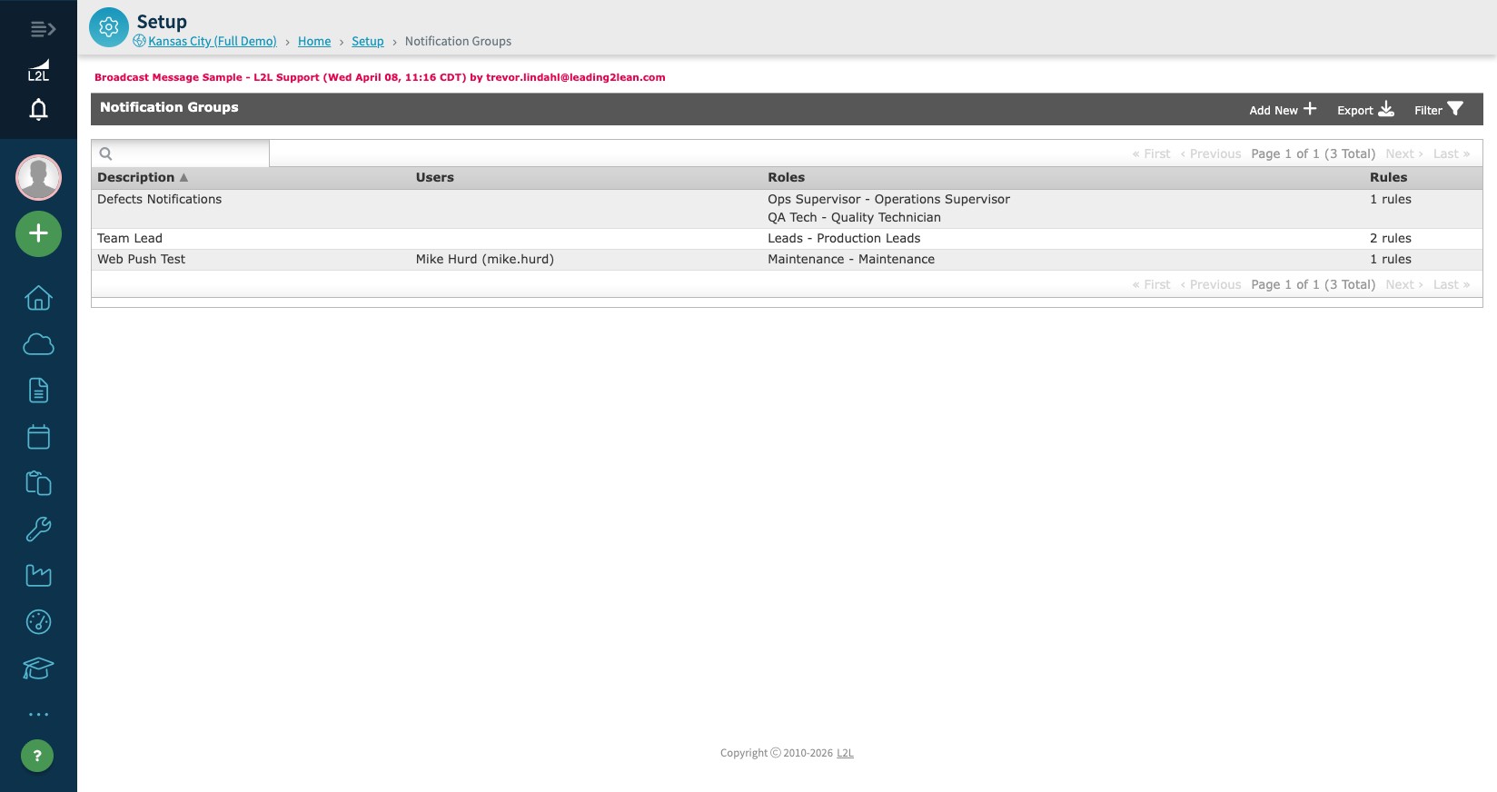 Notification Groups list page