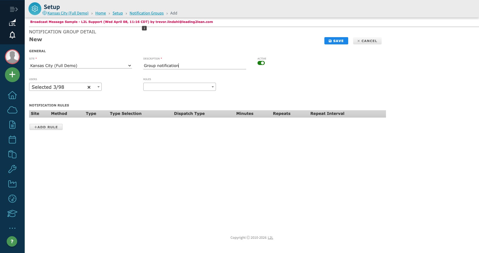 Notification Group Detail page with users, roles, active toggle, and add rule button
