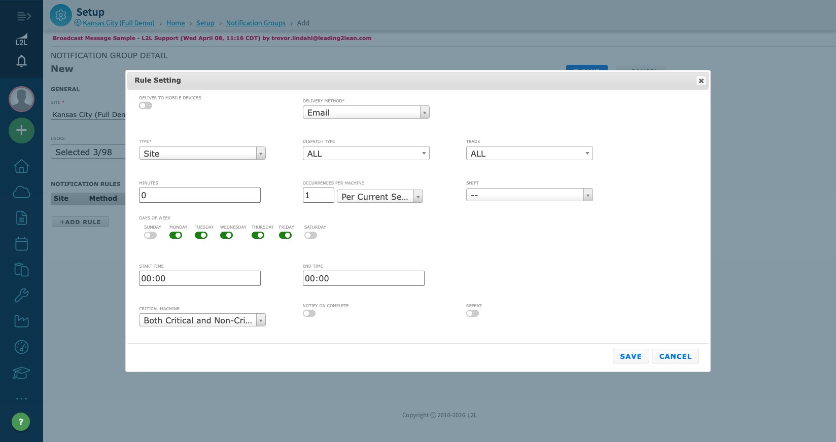 Rule Setting modal for a notification group